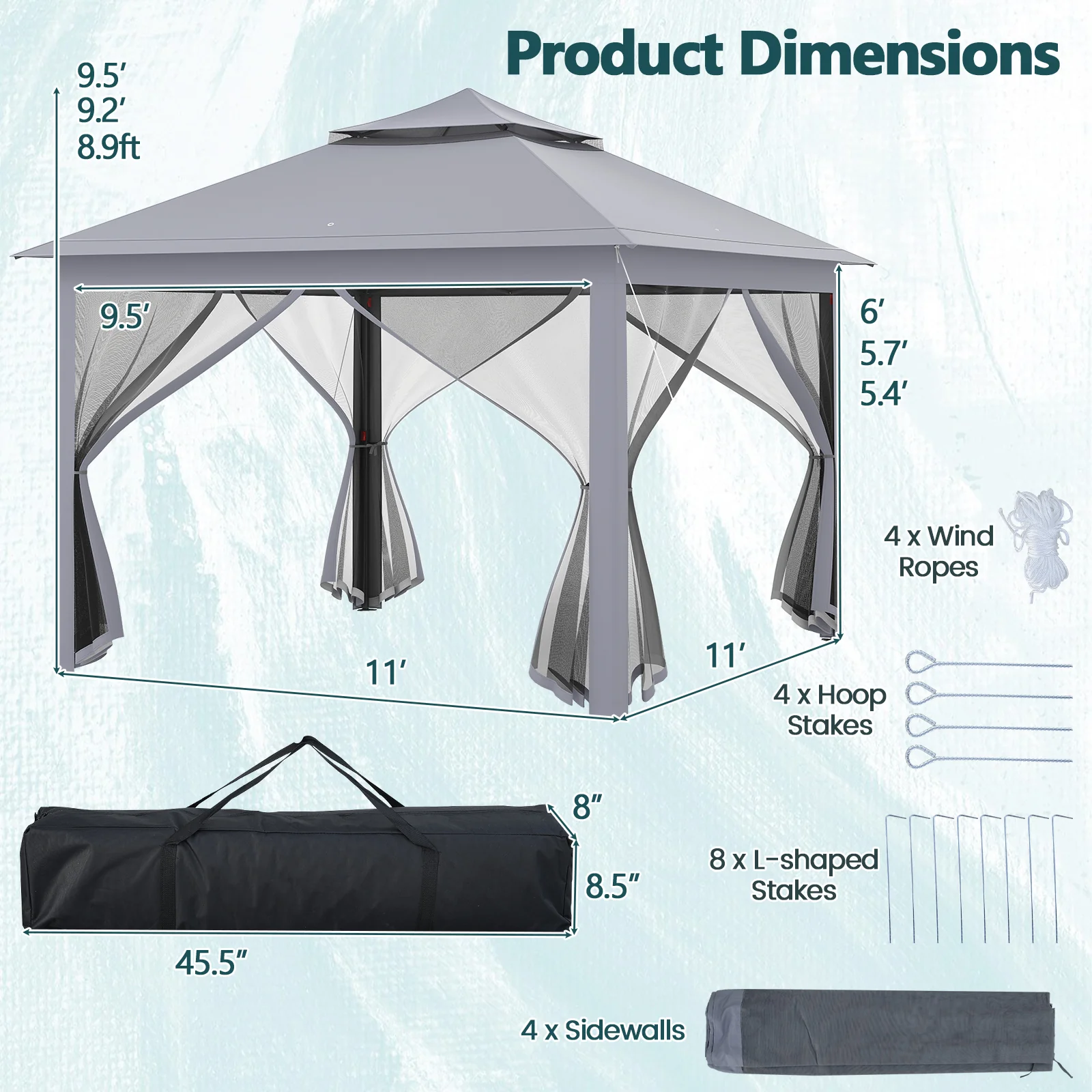 11 x 11 Feet 2-Tier Pop-Up Gazebo Tent Portable Canopy Shelter Carry Bag Mesh, Gray - Image 6