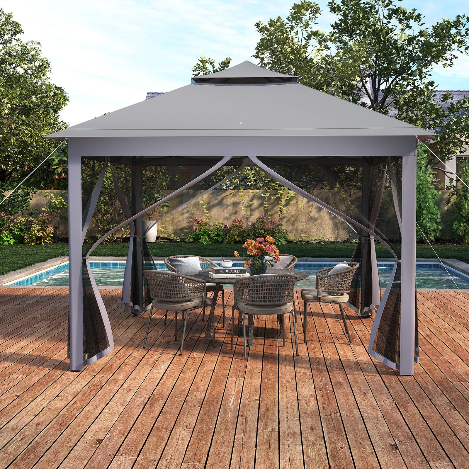 11 x 11 Feet 2-Tier Pop-Up Gazebo Tent Portable Canopy Shelter Carry Bag Mesh, Gray - Image 7