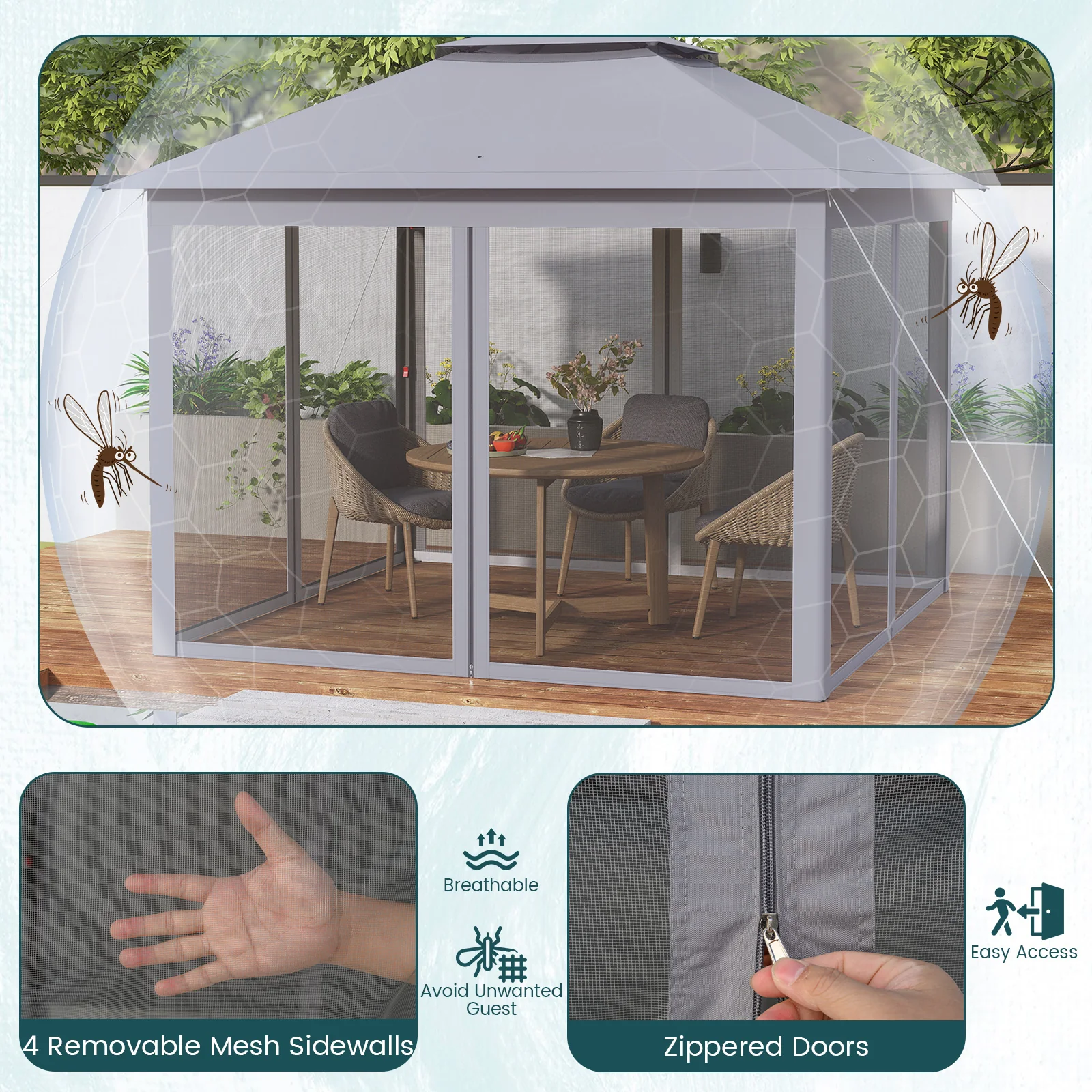 11 x 11 Feet 2-Tier Pop-Up Gazebo Tent Portable Canopy Shelter Carry Bag Mesh, Gray - Image 9