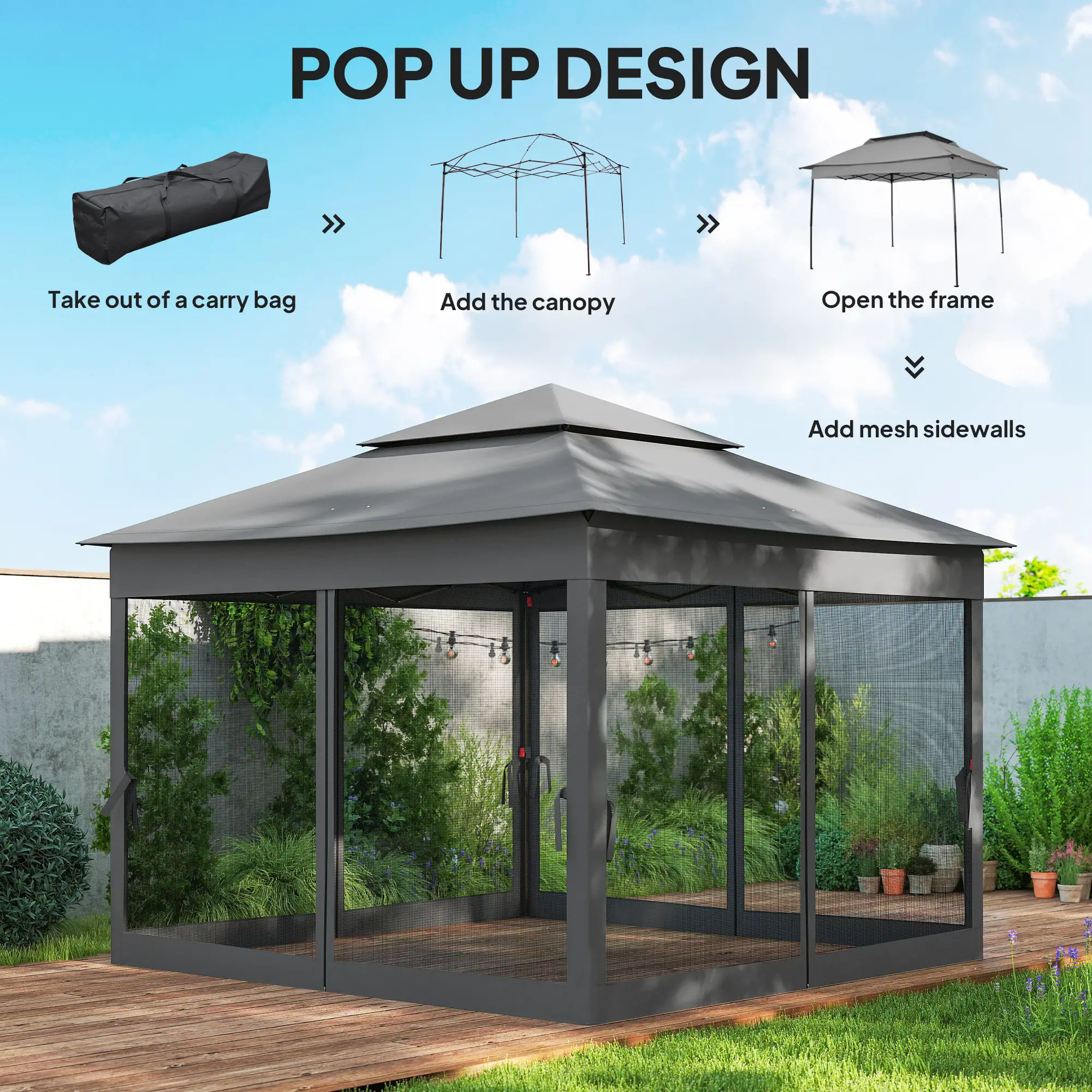 11' x 11' Pop Up Canopy, 2-Tier Soft Top Shelter, Dark Grey - Image 4