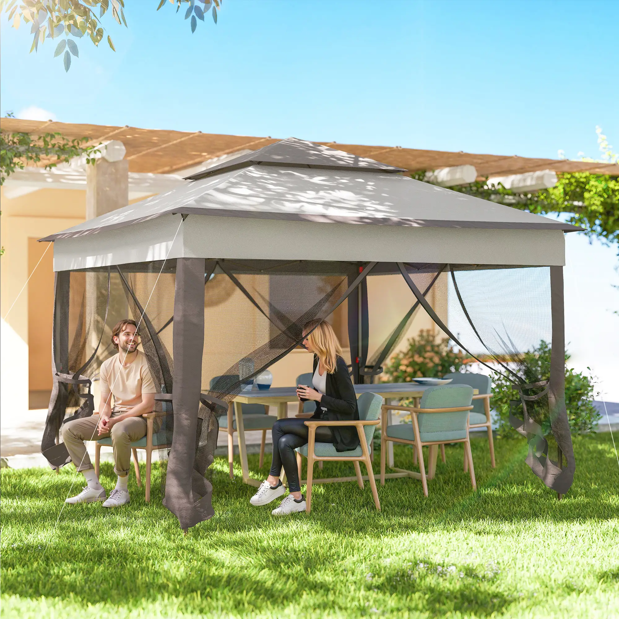 11' x 11' Pop Up Canopy, 2-Tier Soft Top Shelter Tent With Netting, Mixed Grey - Image 9