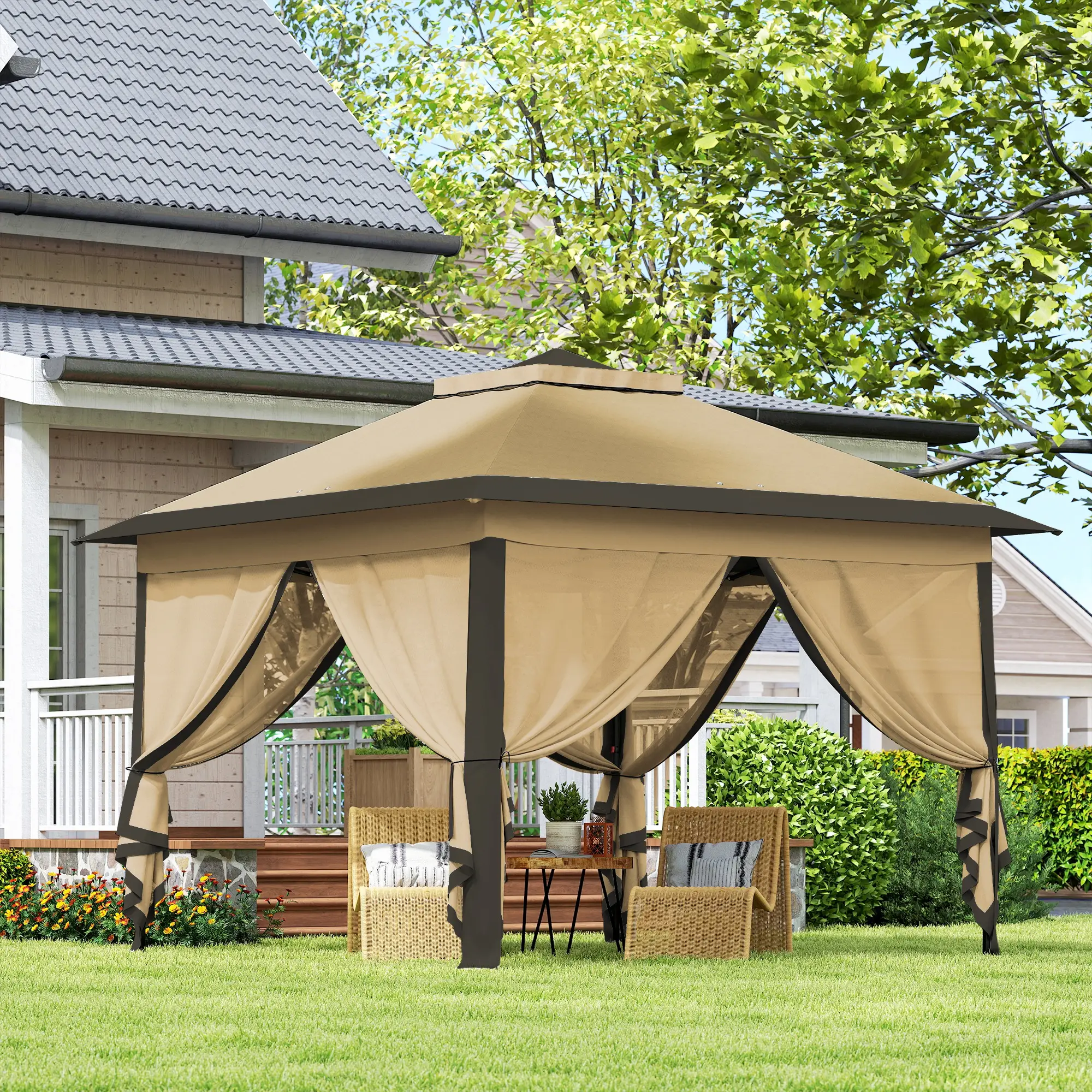 11' x 11' Pop Up Gazebo, Double Roof, Foldable, Adjustable, Beige - Image 10