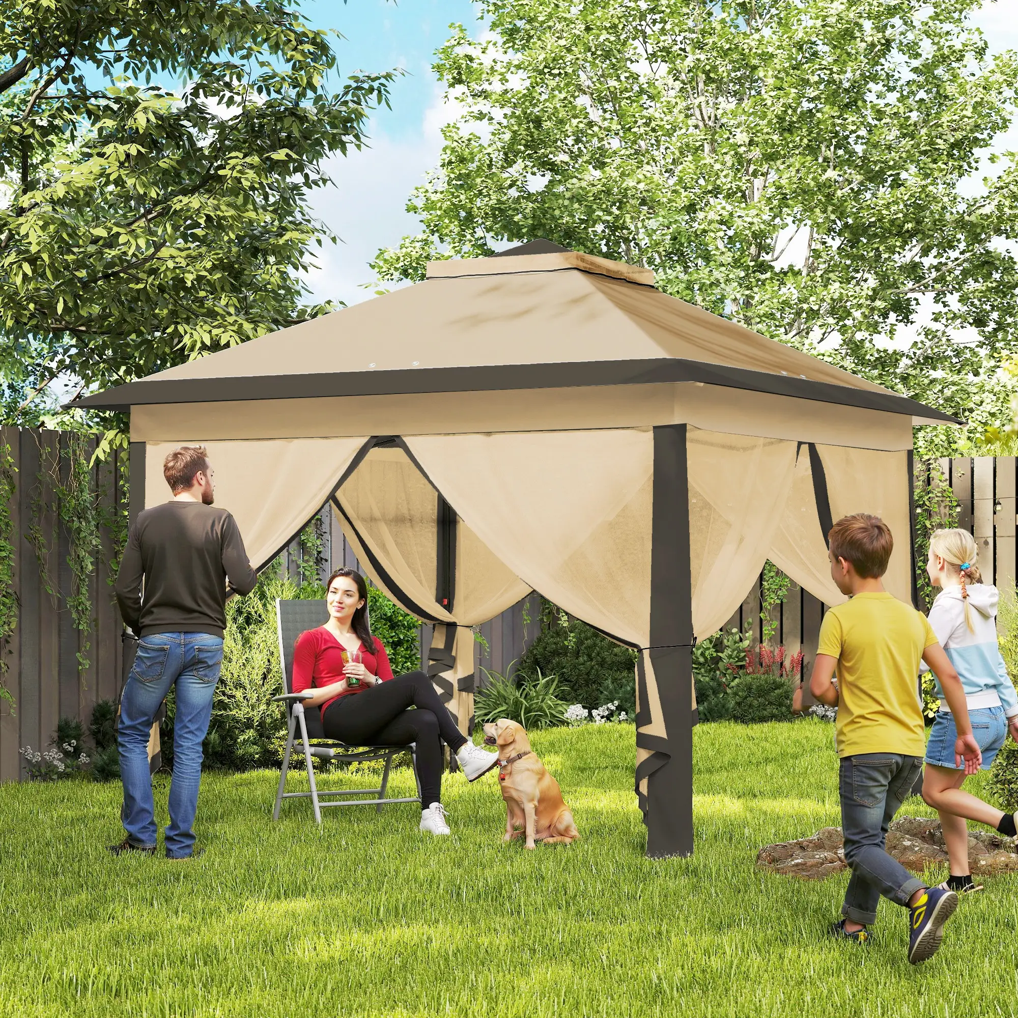 11' x 11' Pop Up Gazebo, Double Roof, Foldable, Adjustable, Beige - Image 2
