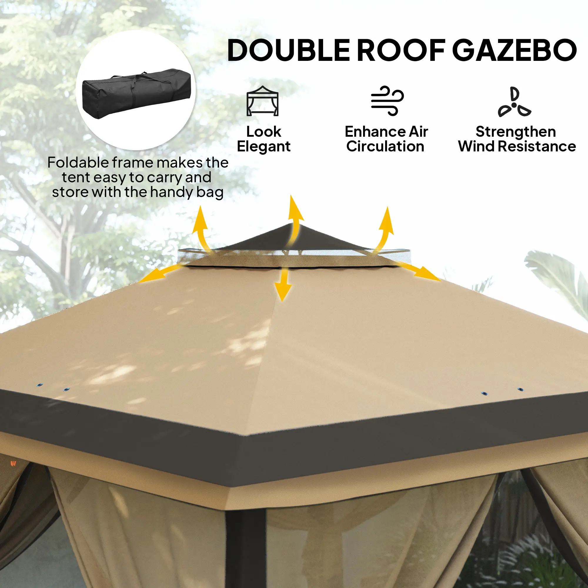 11' x 11' Pop Up Gazebo, Double Roof, Foldable, Adjustable, Beige - Image 4