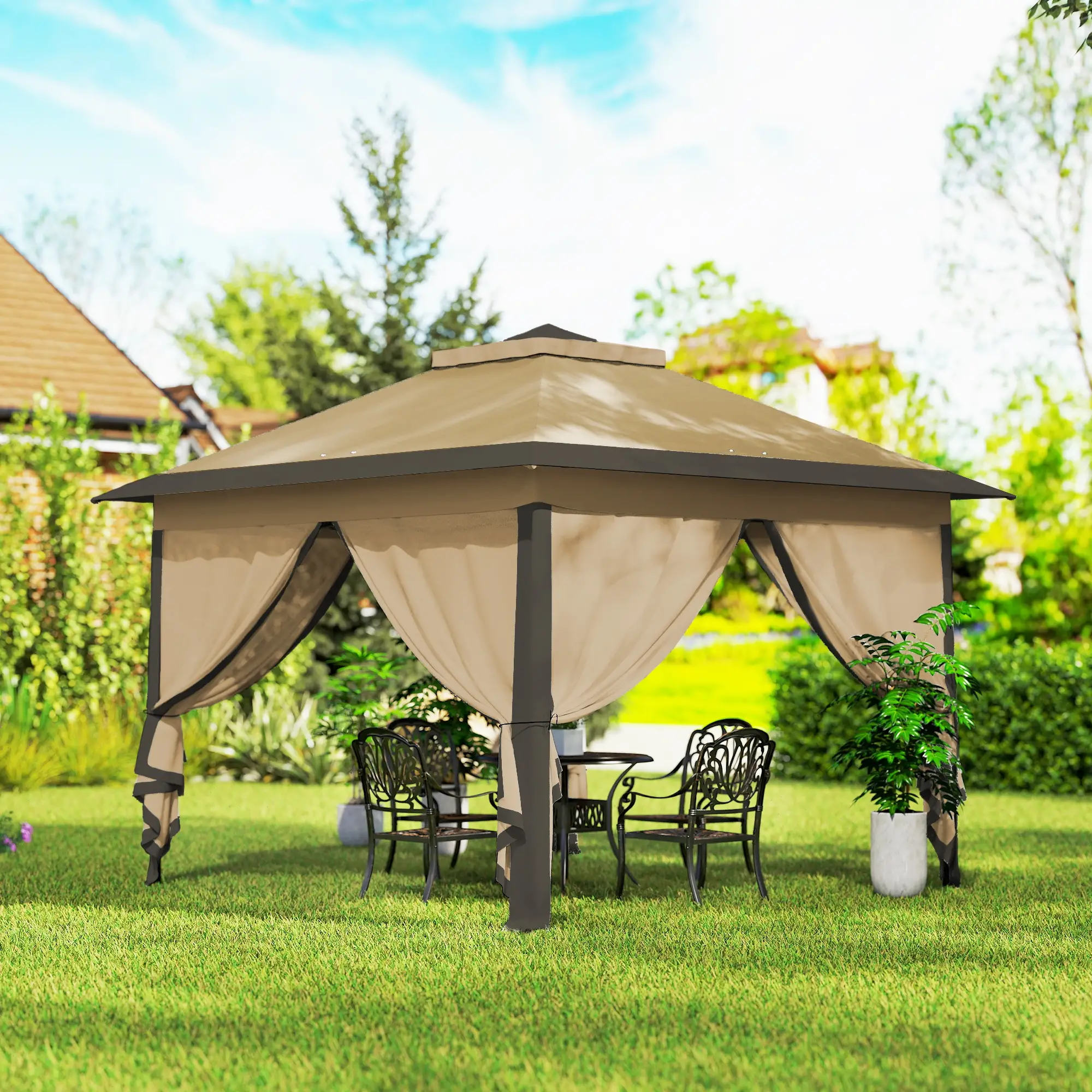 11' x 11' Pop Up Gazebo, Double Roof, Foldable, Adjustable, Beige - Image 9
