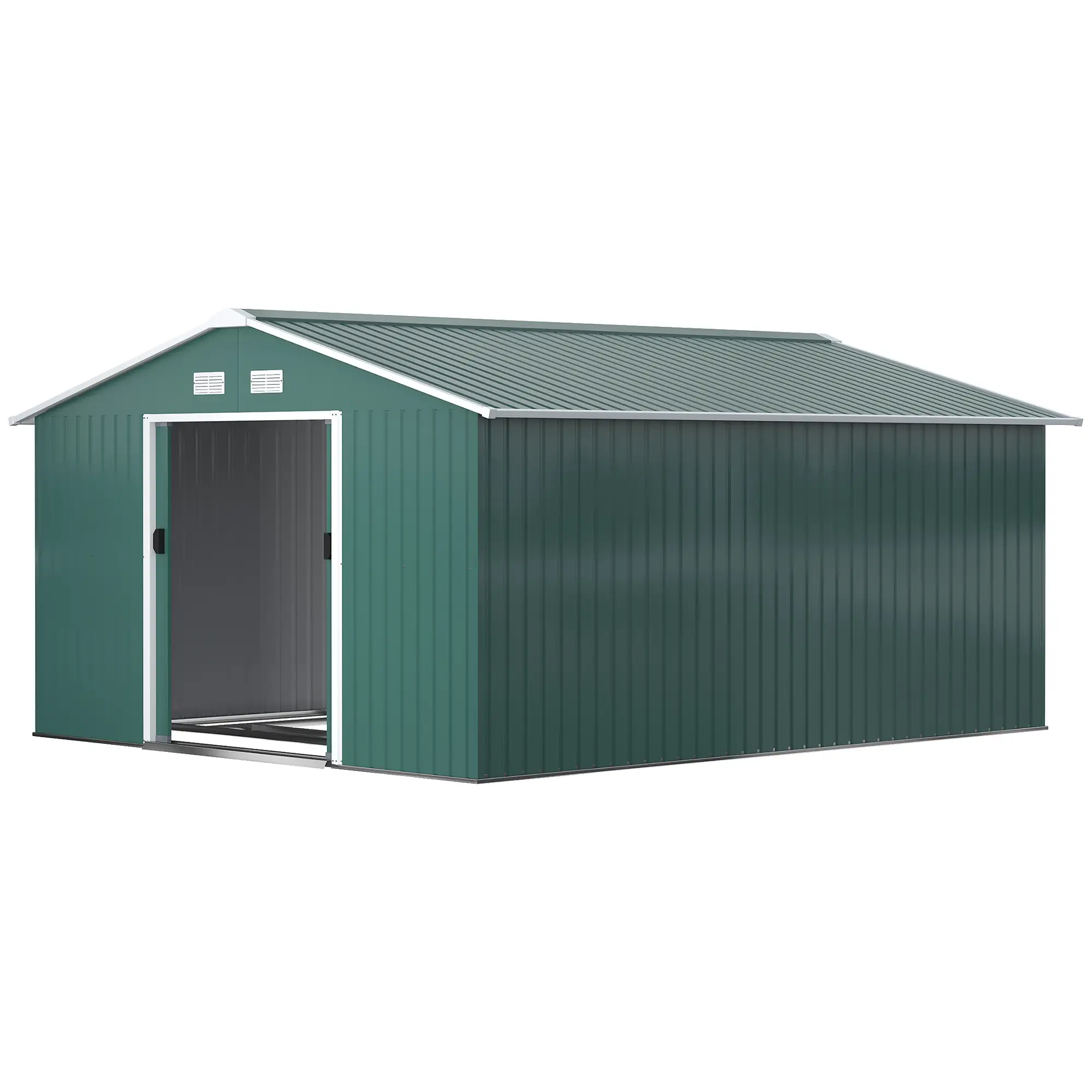 11' x 13' Garden Storage Shed, Double Sliding Door, 4 Ventilation Slots, Green