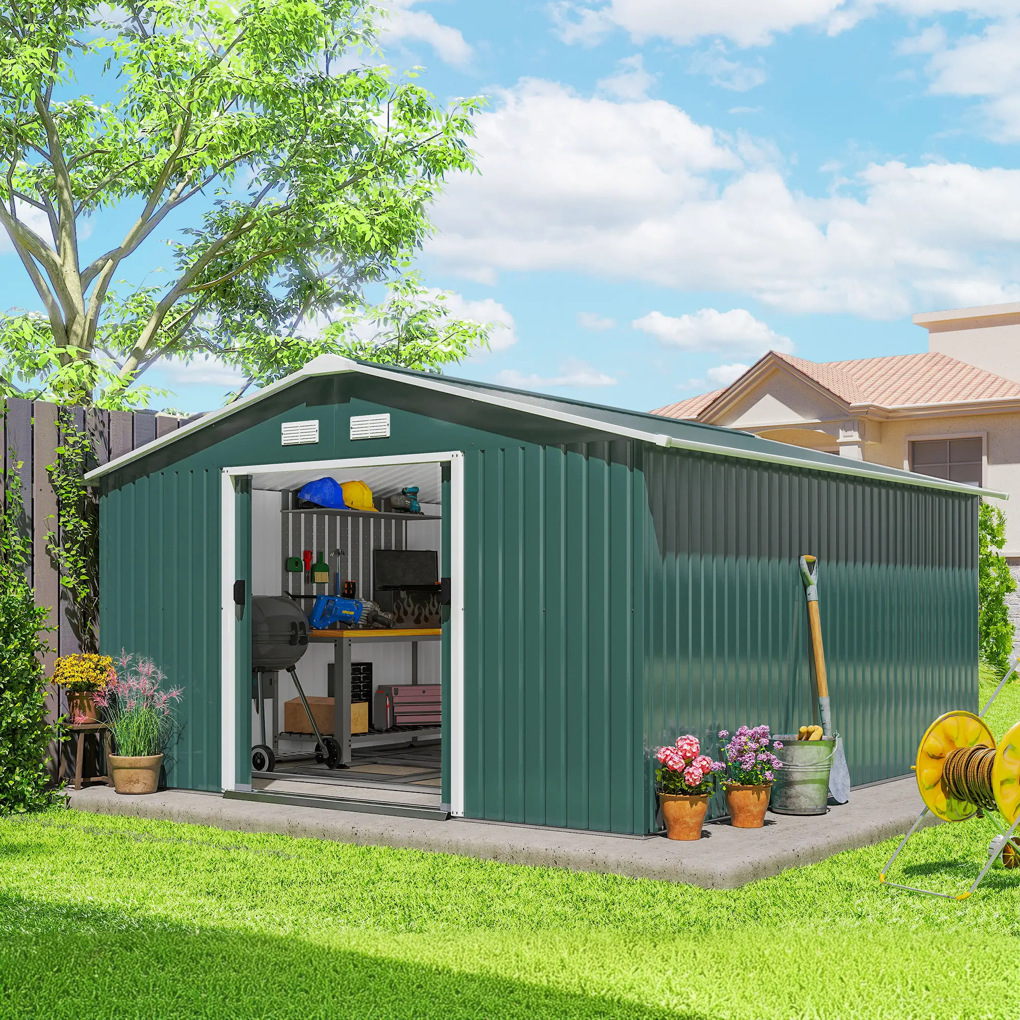 11' x 13' Garden Storage Shed, Double Sliding Door, 4 Ventilation Slots, Green - Image 10