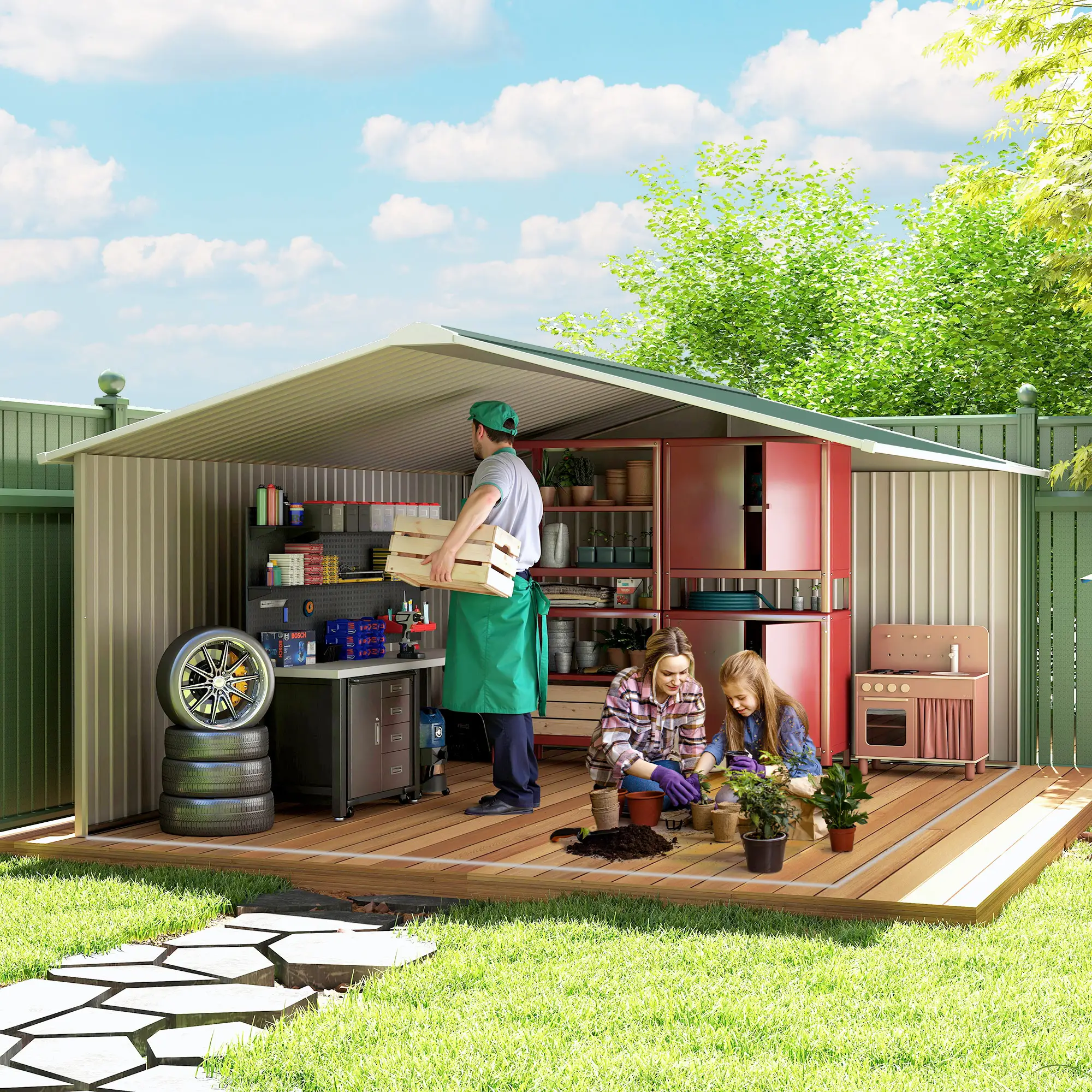 11' x 13' Garden Storage Shed, Double Sliding Door, 4 Ventilation Slots, Green - Image 11