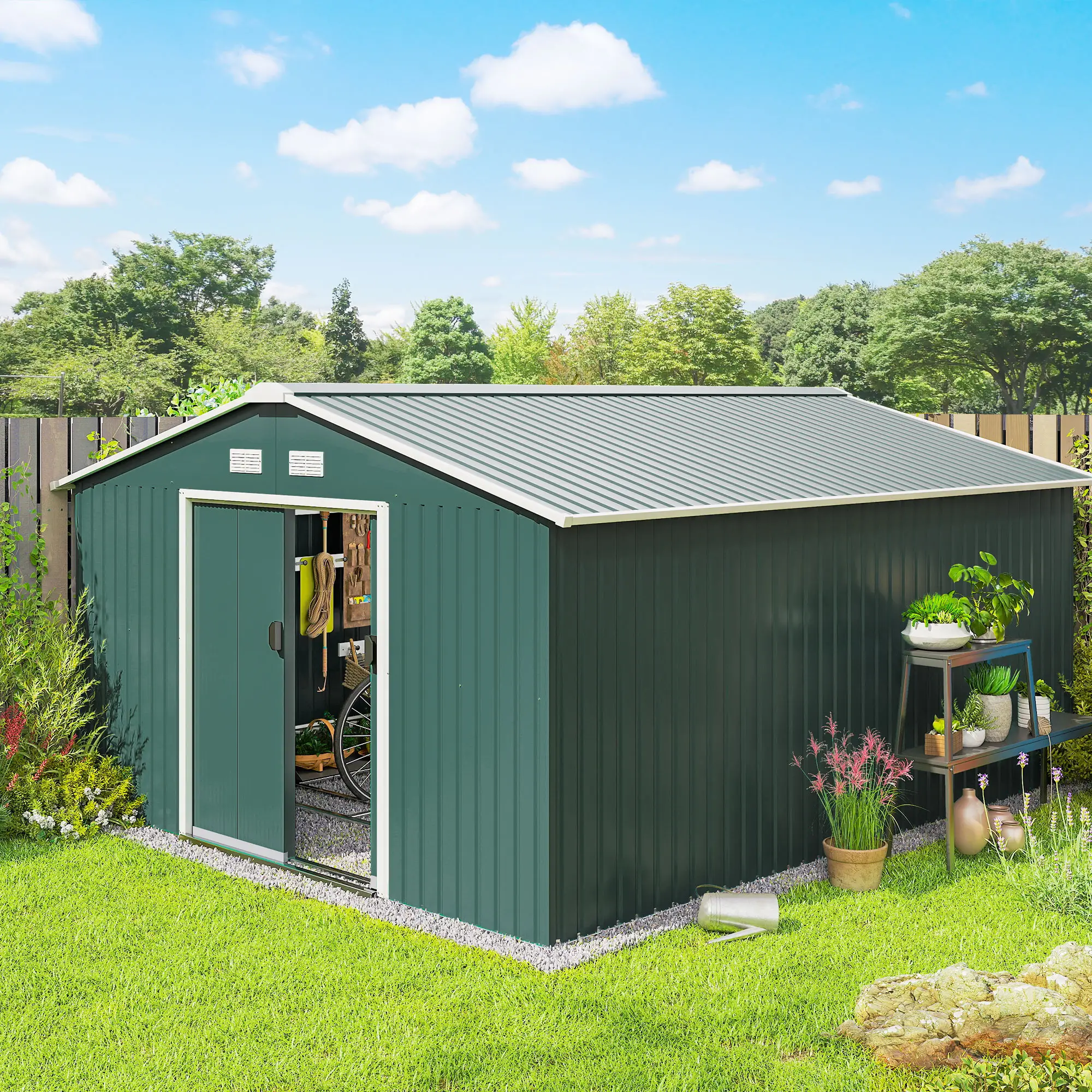 11' x 13' Garden Storage Shed, Double Sliding Door, 4 Ventilation Slots, Green - Image 2