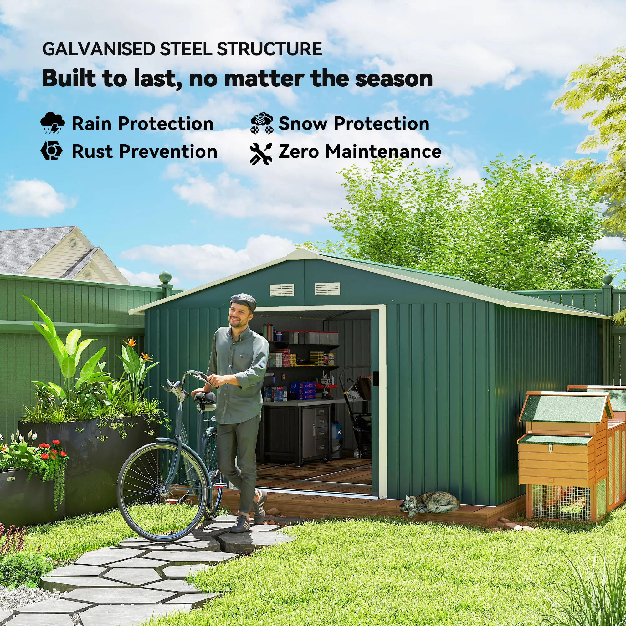 11' x 13' Garden Storage Shed, Double Sliding Door, 4 Ventilation Slots, Green - Image 4
