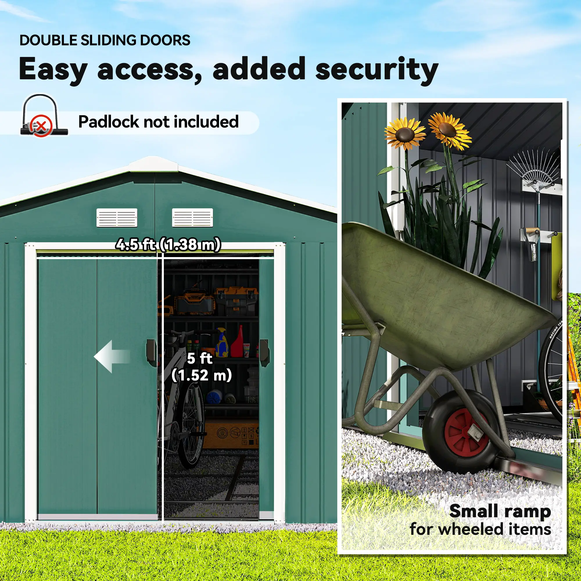11' x 13' Garden Storage Shed, Double Sliding Door, 4 Ventilation Slots, Green - Image 5