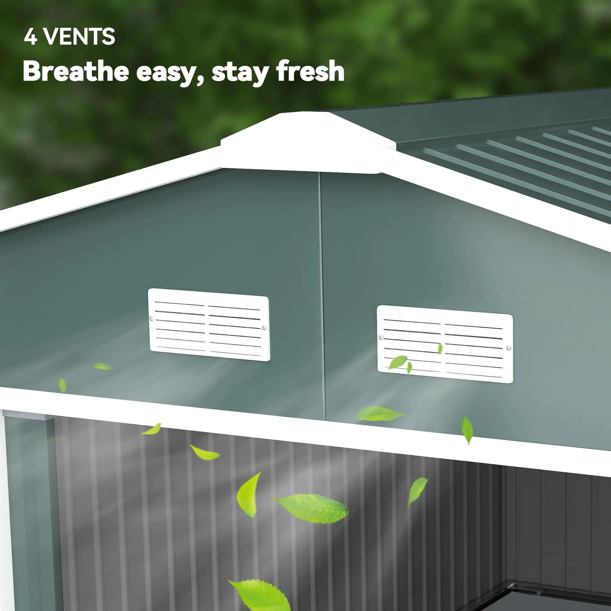 11' x 13' Garden Storage Shed, Double Sliding Door, 4 Ventilation Slots, Green - Image 8