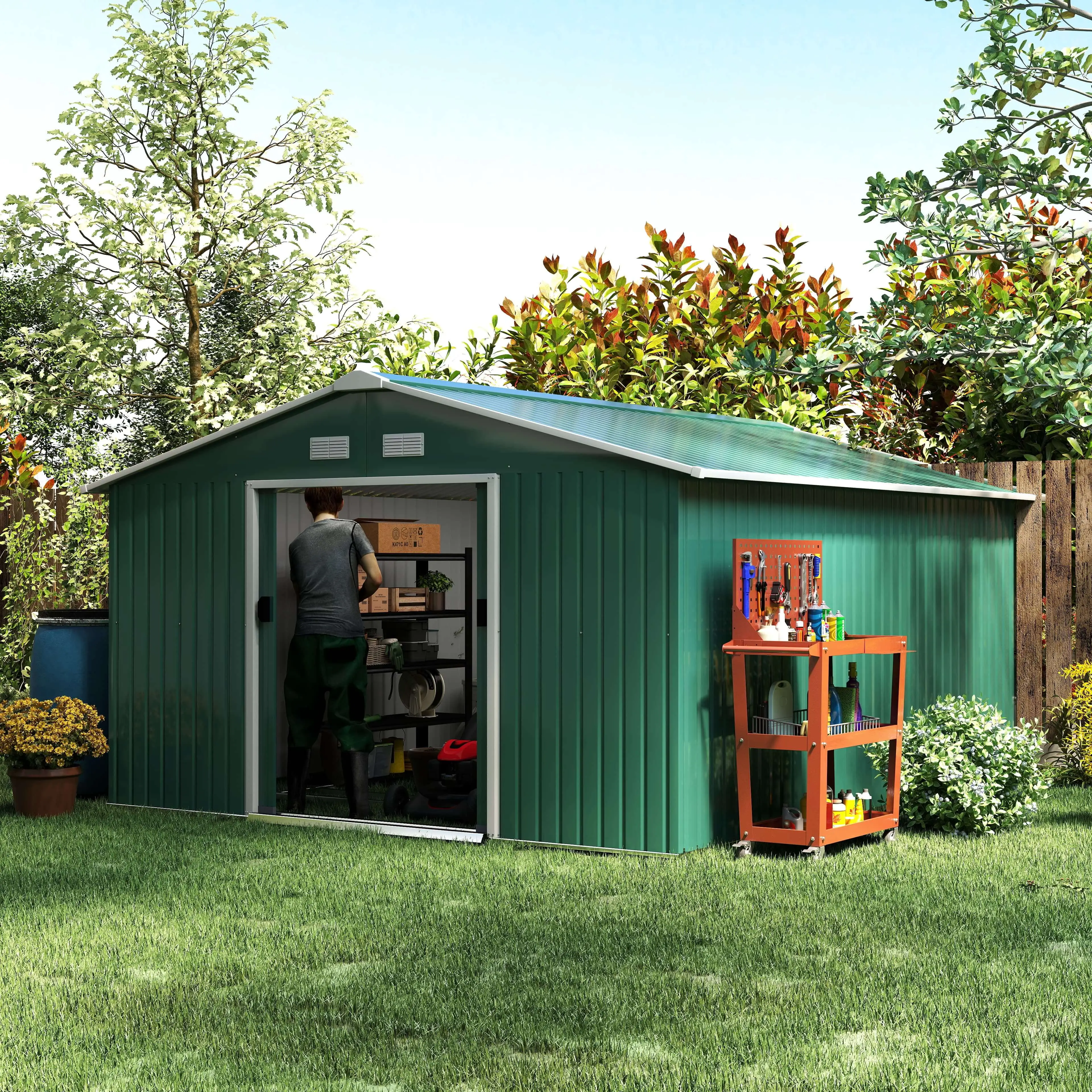 11' x 13' Garden Storage Shed, Double Sliding Door, 4 Ventilation Slots, Green - Image 9