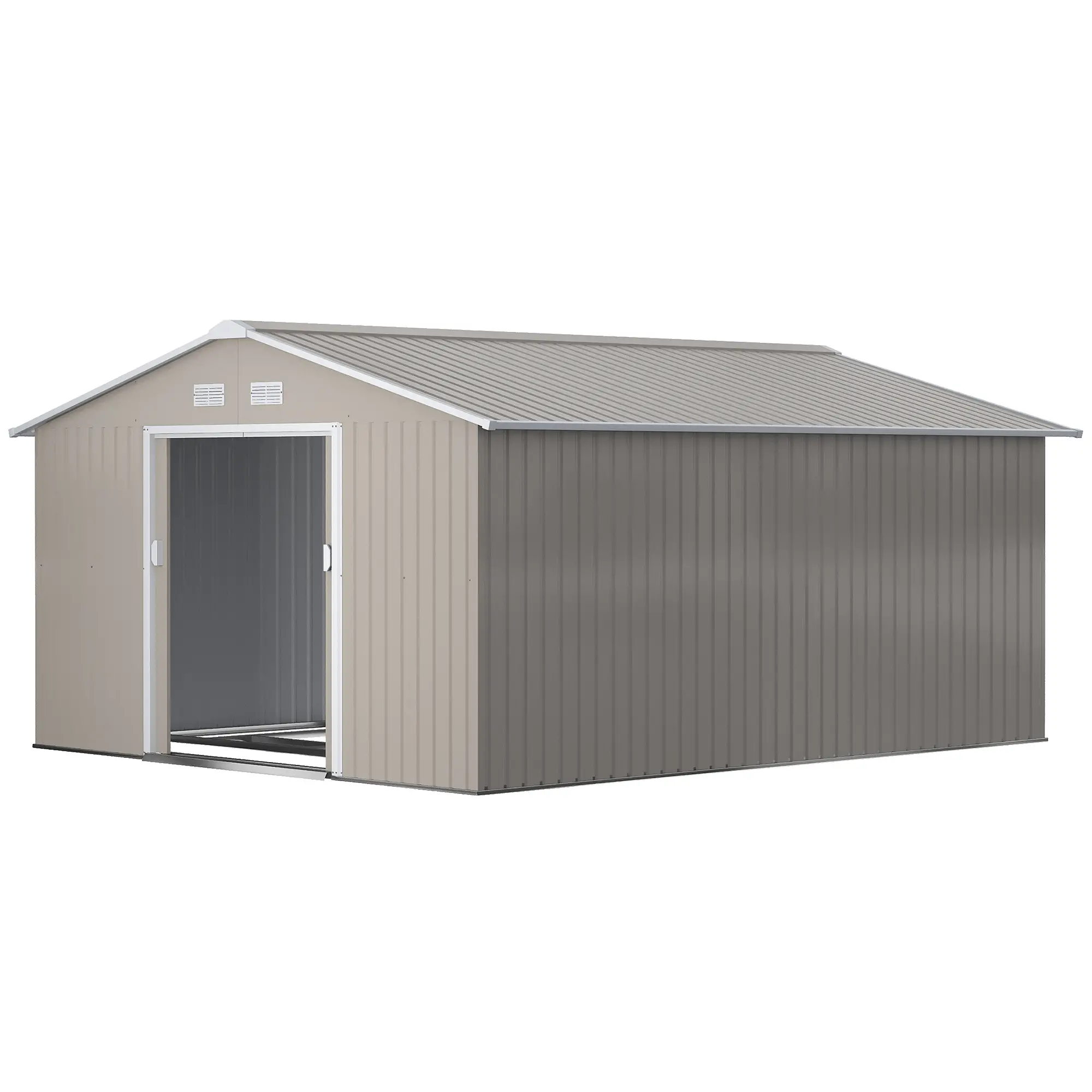 11' x 13' Garden Storage Shed, Double Sliding Door, 4 Vents, Light Grey