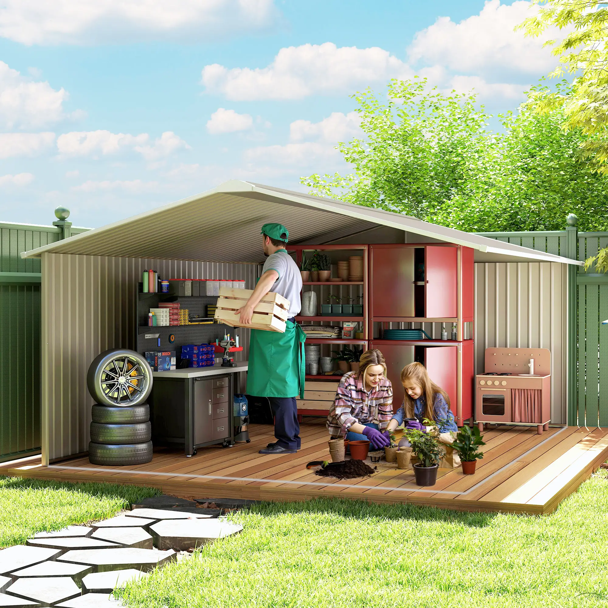 11' x 13' Garden Storage Shed, Double Sliding Door, 4 Vents, Light Grey - Image 10