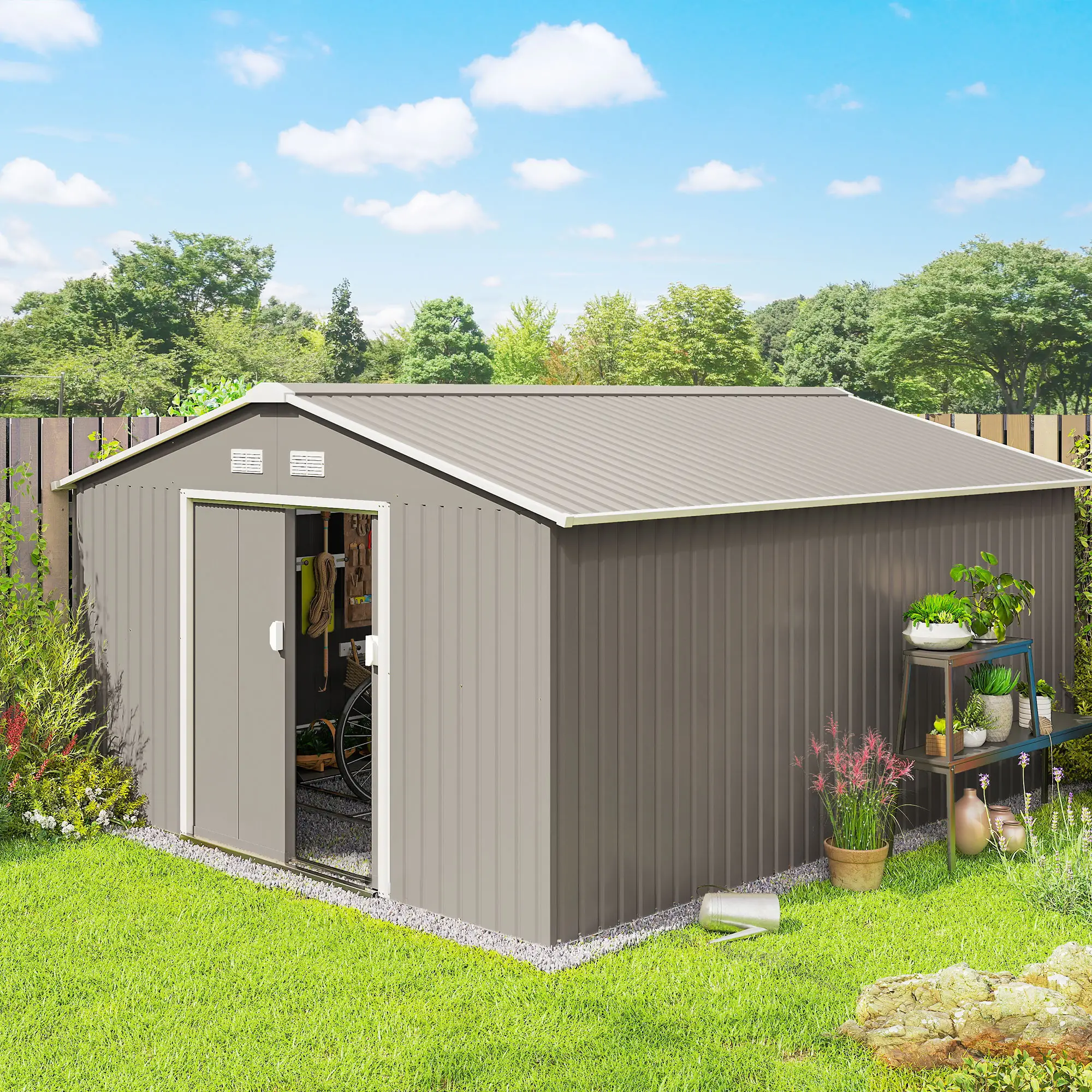 11' x 13' Garden Storage Shed, Double Sliding Door, 4 Vents, Light Grey - Image 2