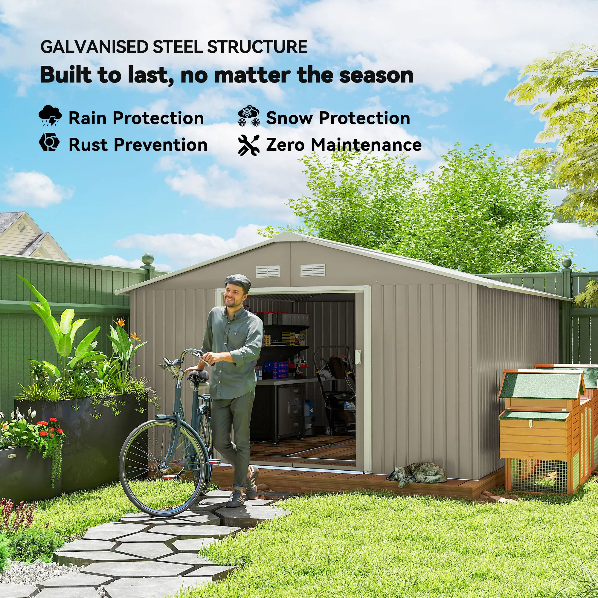 11' x 13' Garden Storage Shed, Double Sliding Door, 4 Vents, Light Grey - Image 4