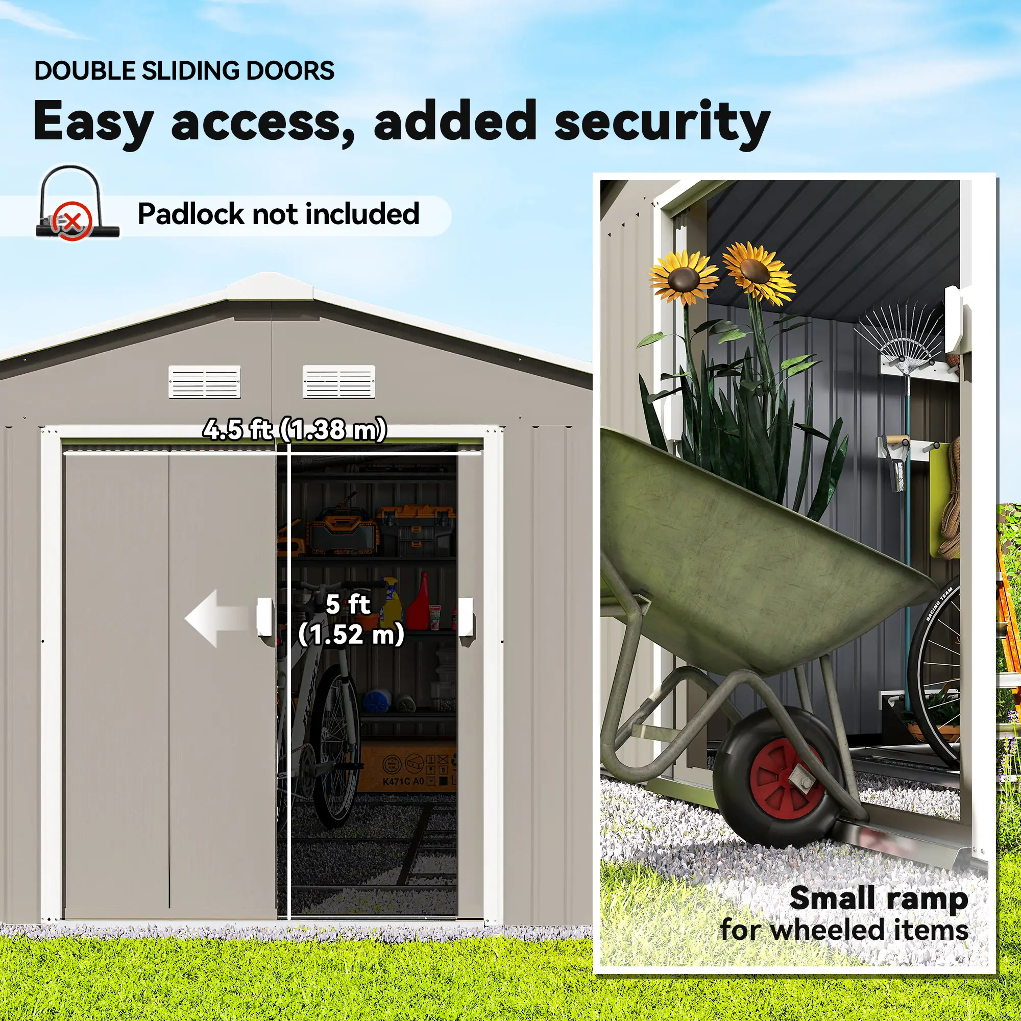 11' x 13' Garden Storage Shed, Double Sliding Door, 4 Vents, Light Grey - Image 5
