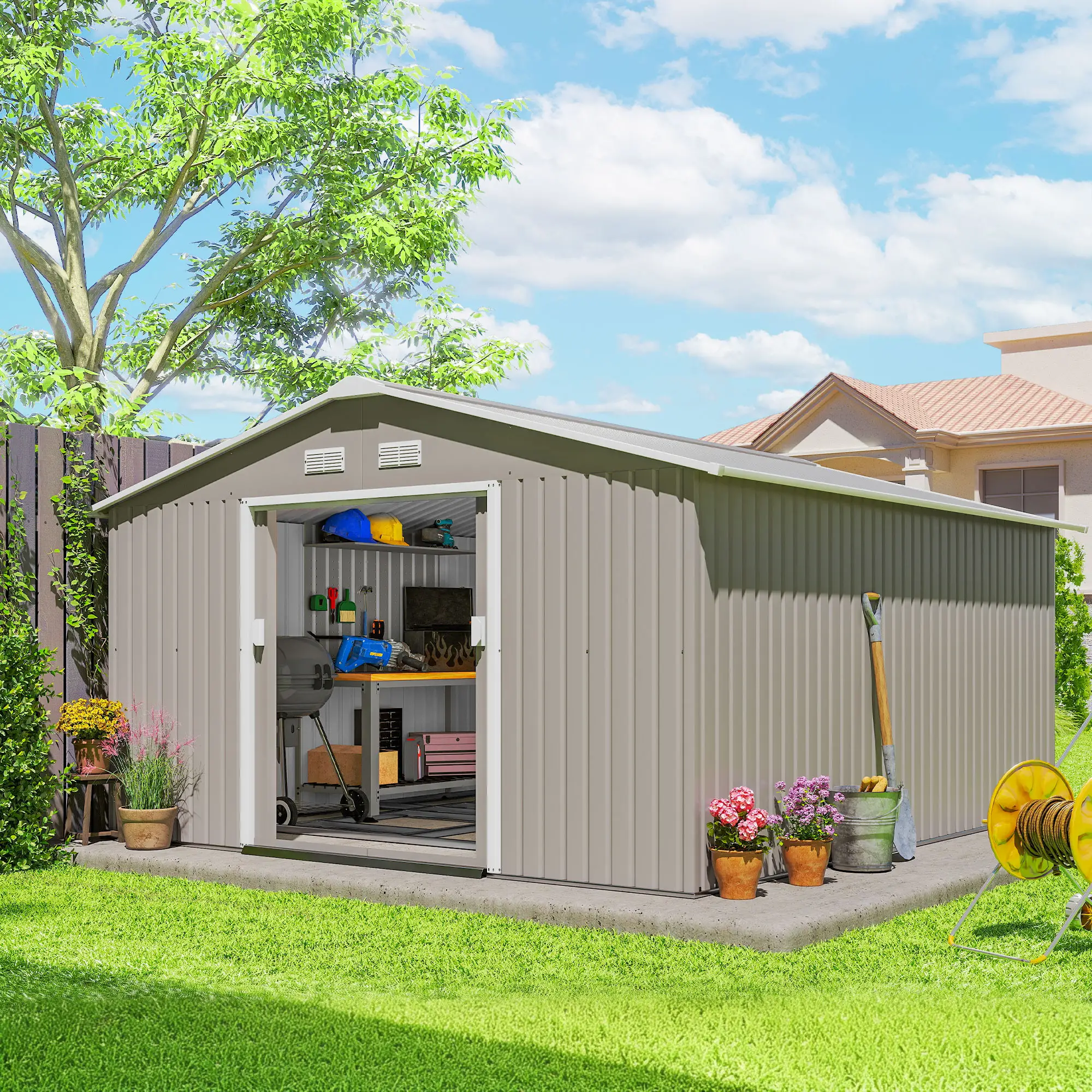 11' x 13' Garden Storage Shed, Double Sliding Door, 4 Vents, Light Grey - Image 8