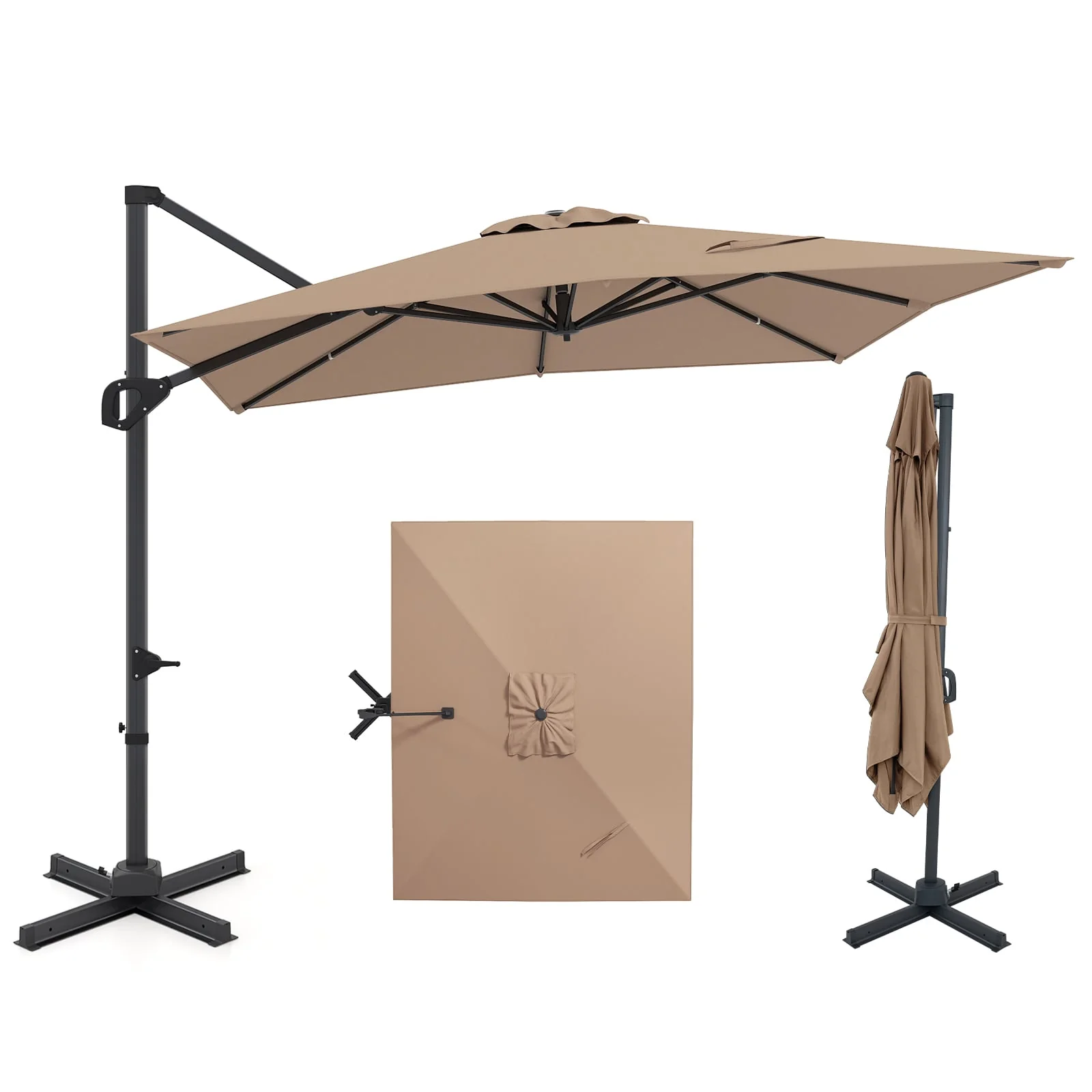 11 x 9 FT Cantilever Patio Umbrella, 360° Rotation, Easy Tilt, Brown