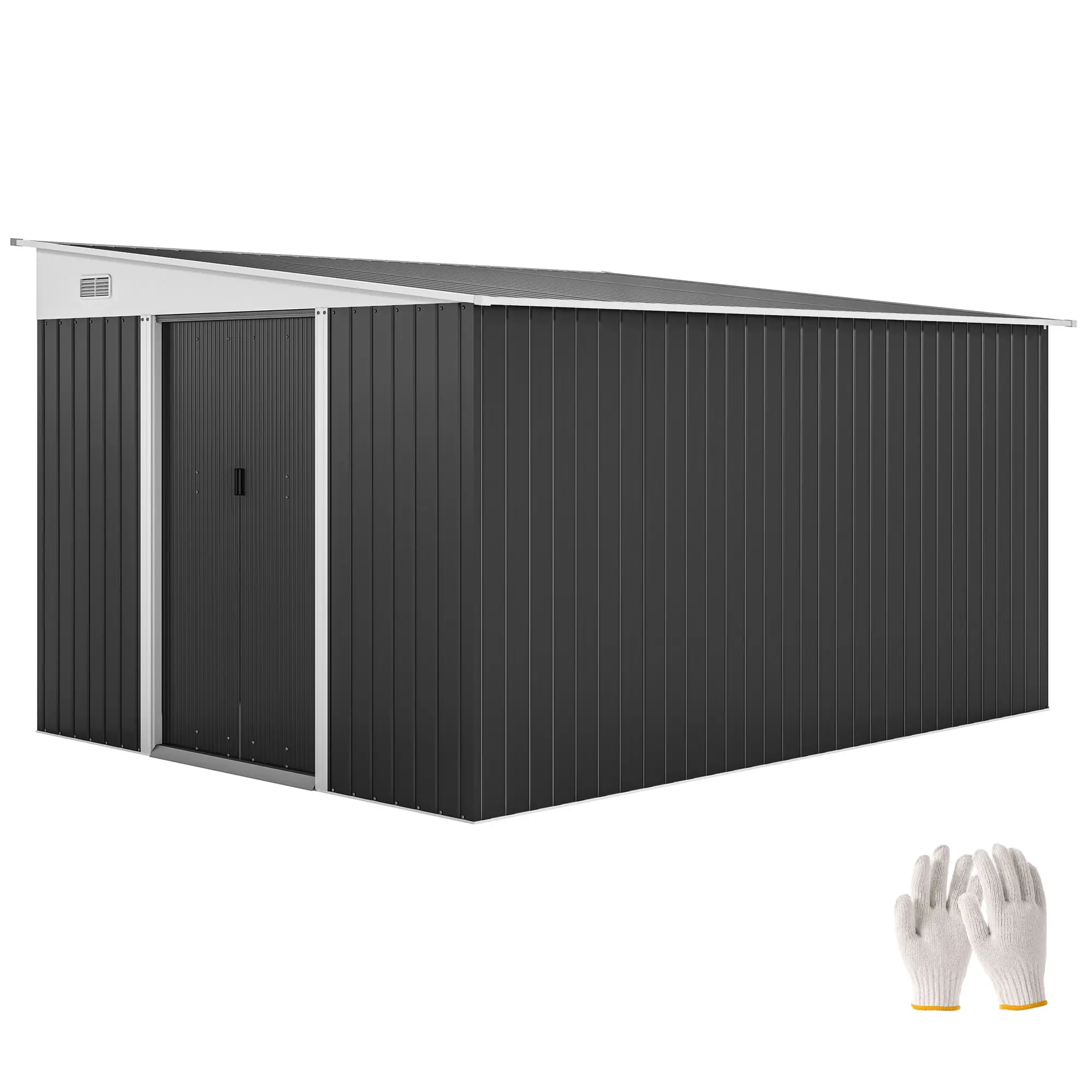 11' x 9' Steel Garden Storage Shed, Outdoor Metal Tool House, Dark Grey - Image 11