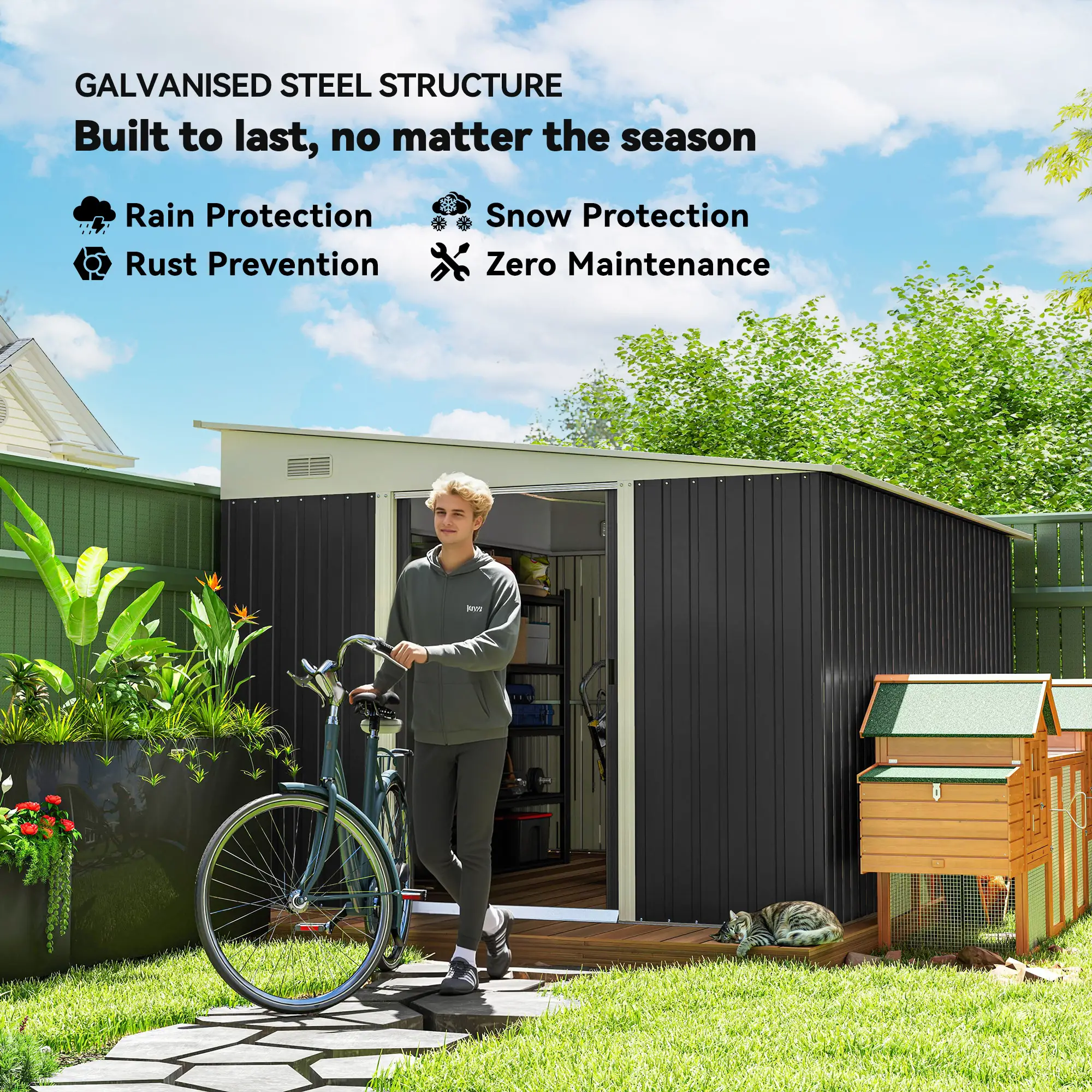 11' x 9' Steel Garden Storage Shed, Outdoor Metal Tool House, Dark Grey - Image 4