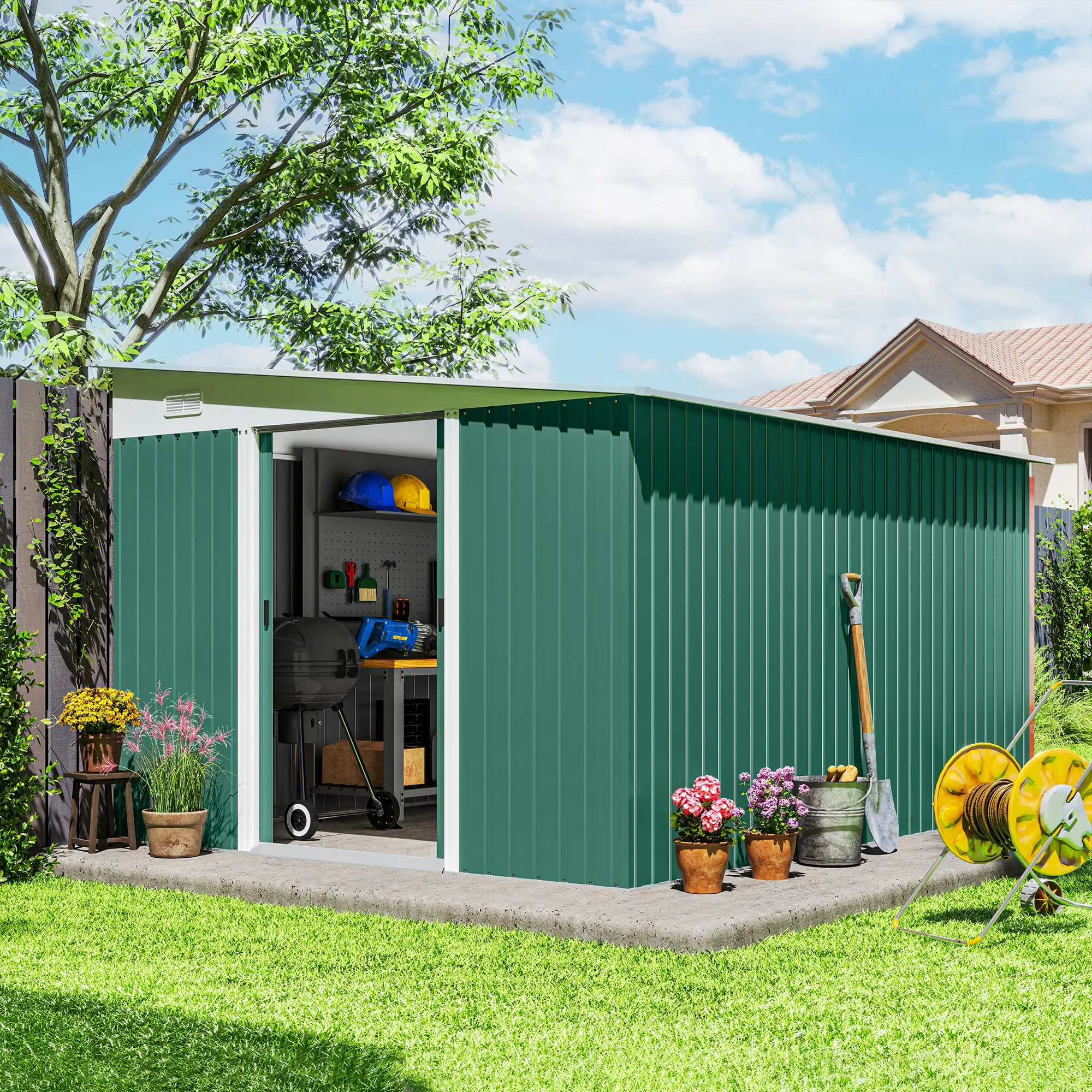 11' x 9' Steel Garden Storage Shed, Outdoor Metal Tool House, Green - Image 2