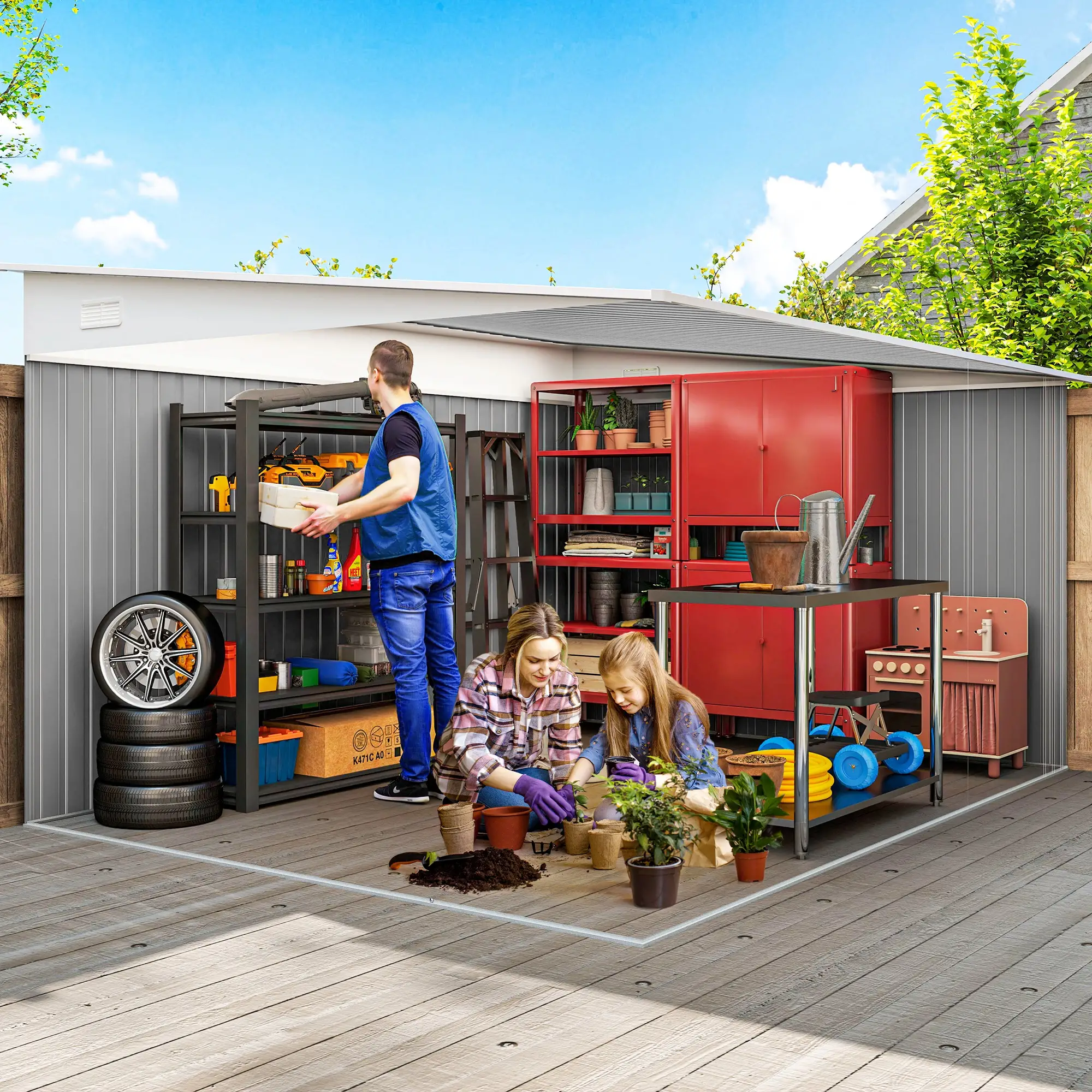 11' x 9' Steel Garden Storage Shed, Outdoor Metal Tool House, Green - Image 4