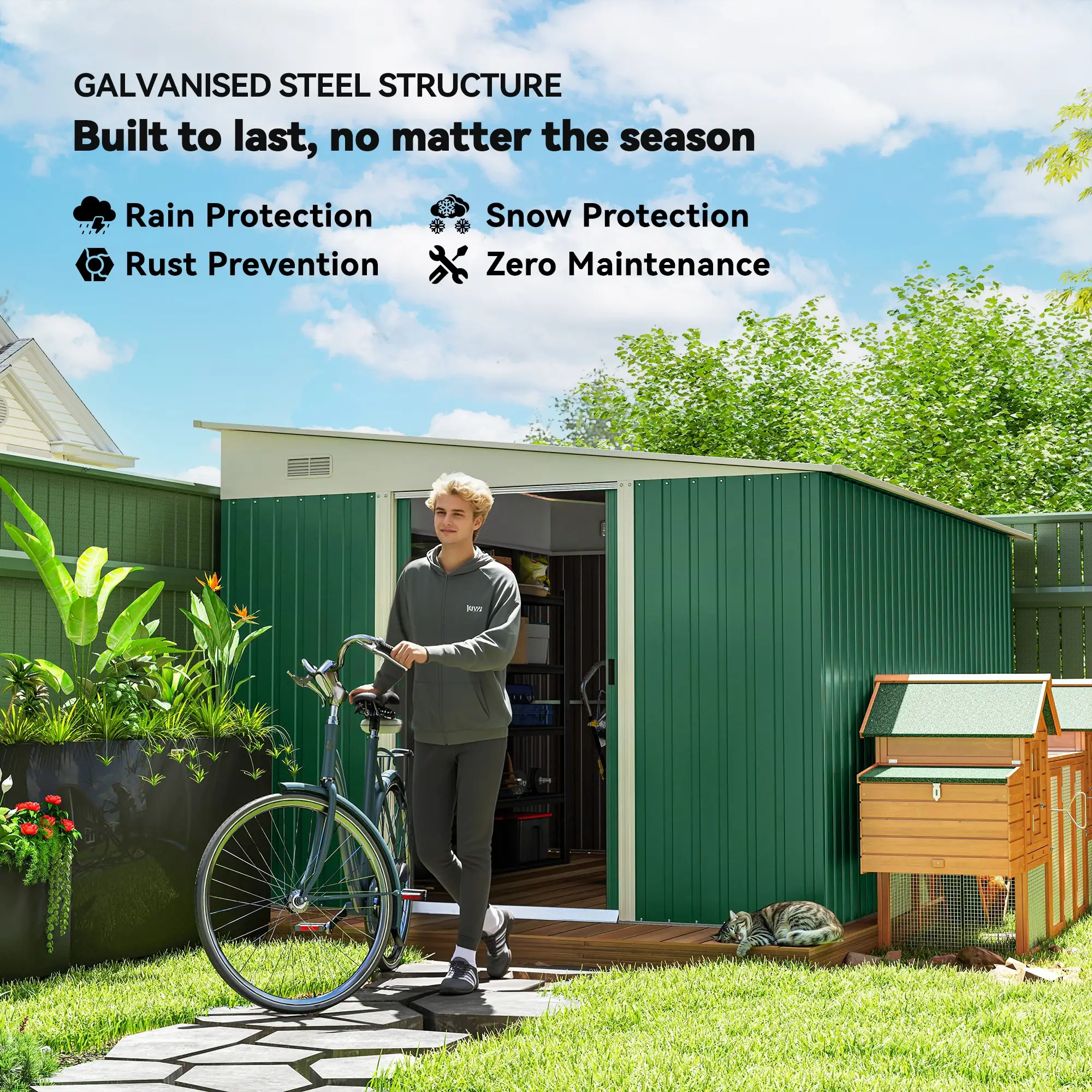 11' x 9' Steel Garden Storage Shed, Outdoor Metal Tool House, Green - Image 5