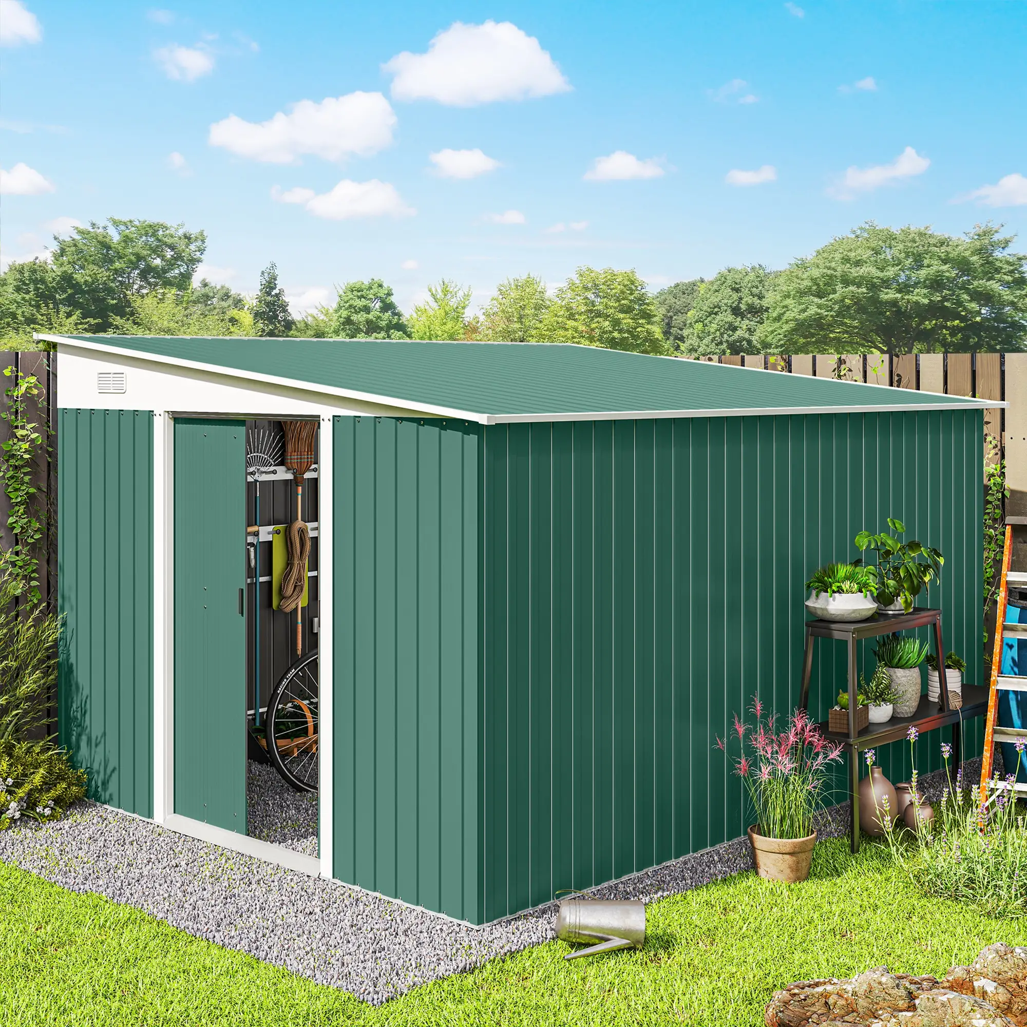 11' x 9' Steel Garden Storage Shed, Outdoor Metal Tool House, Green - Image 8