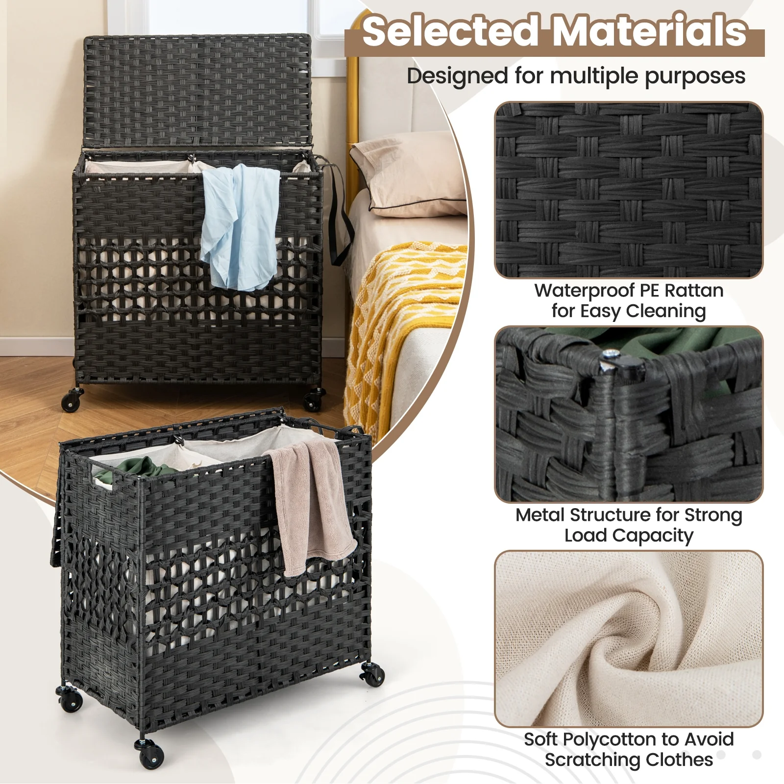 110L 2-Section Laundry Hamper, Removable Washable Liner Bags, Black - Image 10