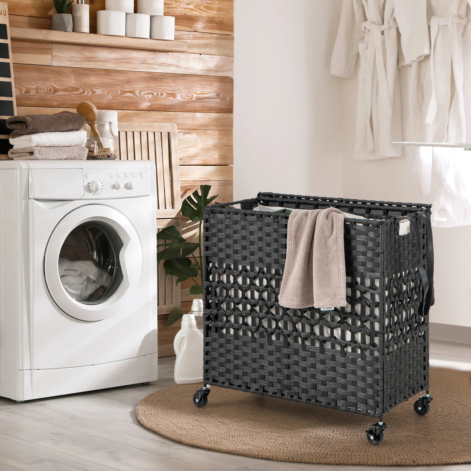 110L 2-Section Laundry Hamper, Removable Washable Liner Bags, Black - Image 2