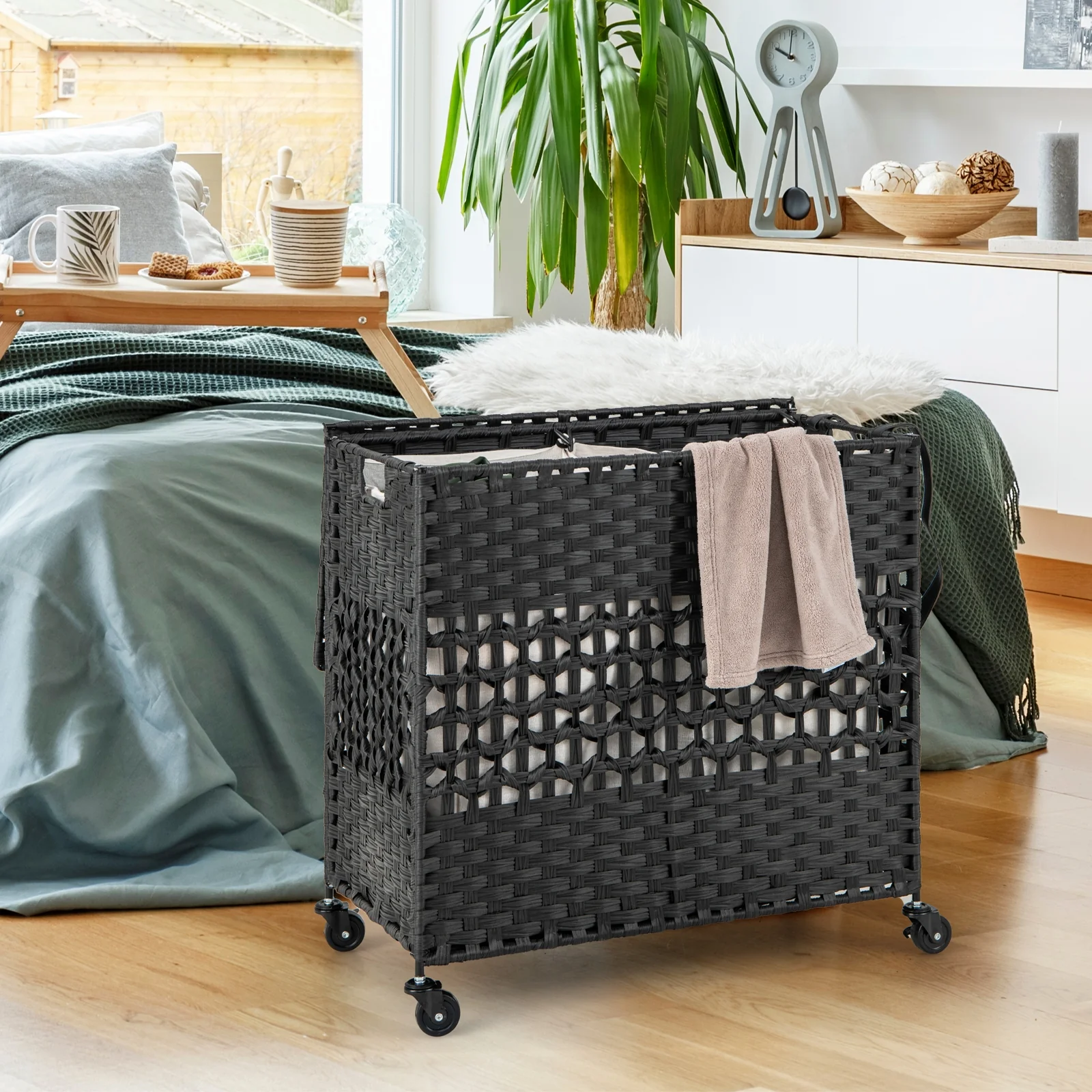 110L 2-Section Laundry Hamper, Removable Washable Liner Bags, Black - Image 3