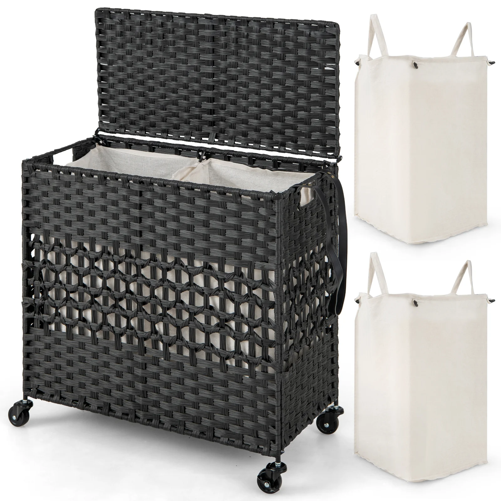 110L 2-Section Laundry Hamper, Removable Washable Liner Bags, Black - Image 5