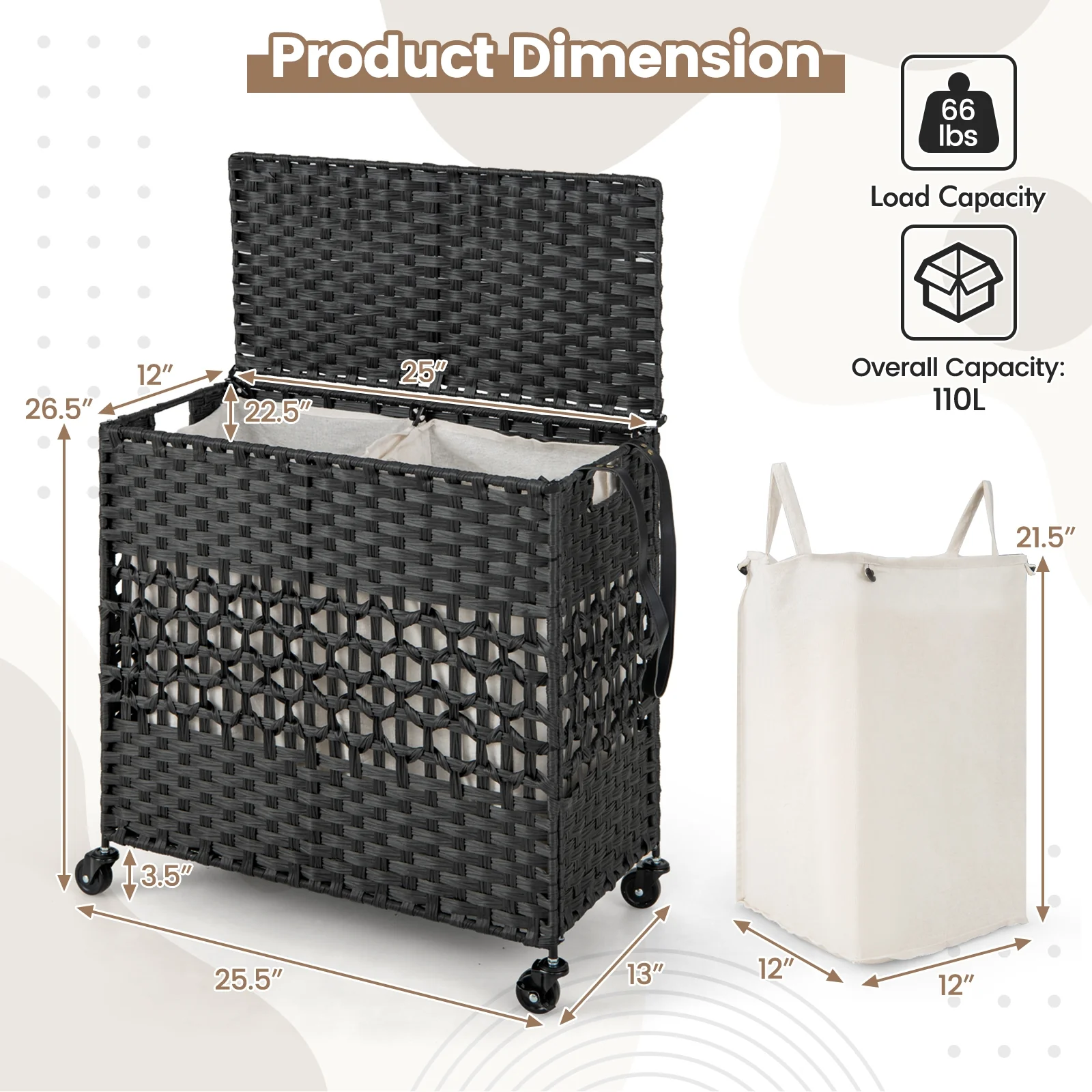 110L 2-Section Laundry Hamper, Removable Washable Liner Bags, Black - Image 6