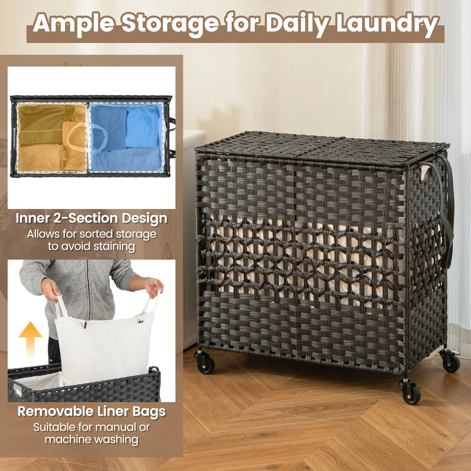 110L 2-Section Laundry Hamper, Removable Washable Liner Bags, Black - Image 7
