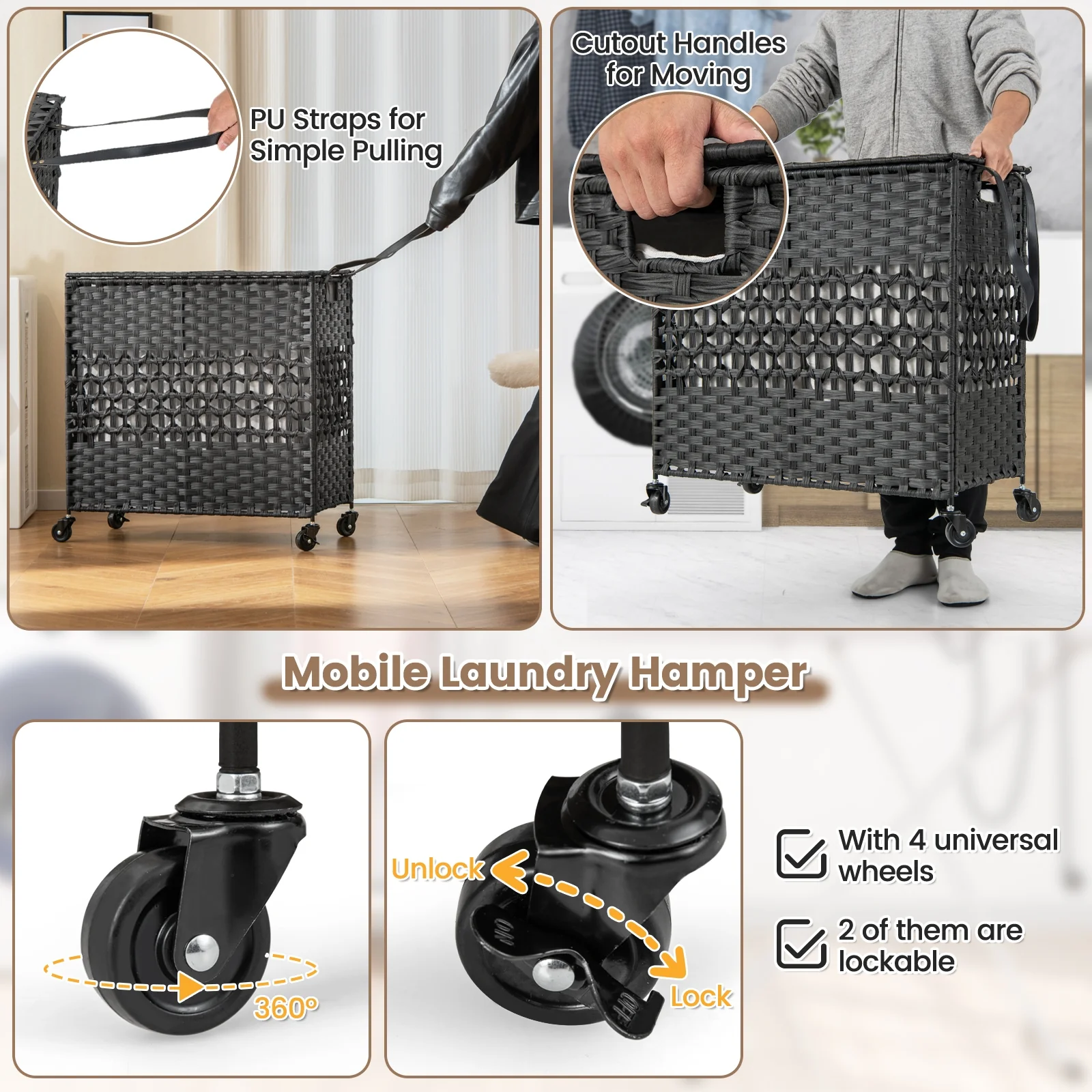 110L 2-Section Laundry Hamper, Removable Washable Liner Bags, Black - Image 8