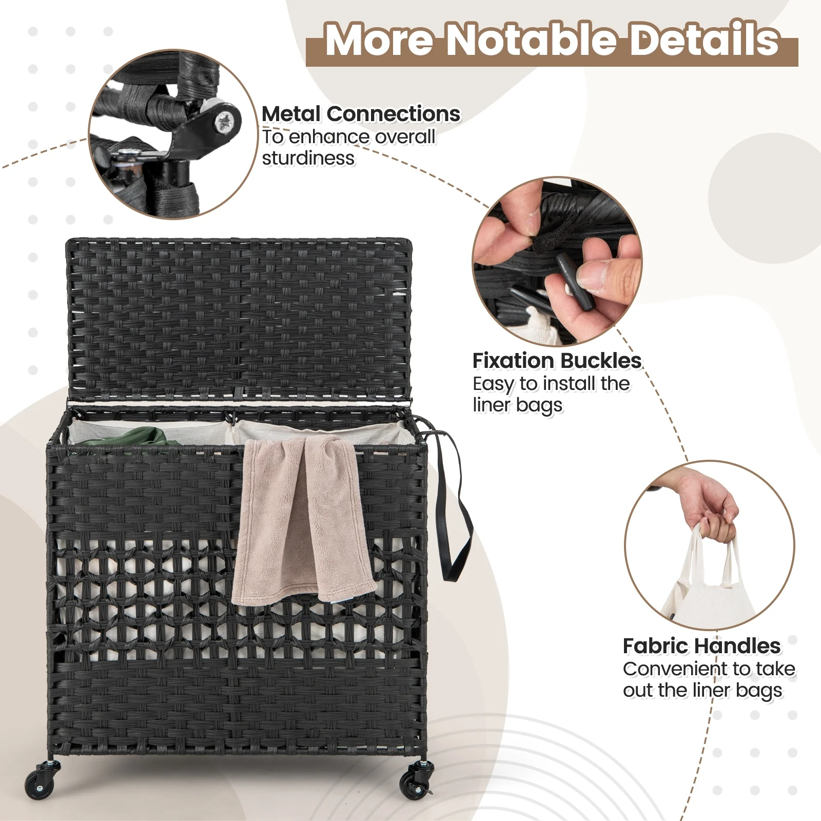 110L 2-Section Laundry Hamper, Removable Washable Liner Bags, Black - Image 9