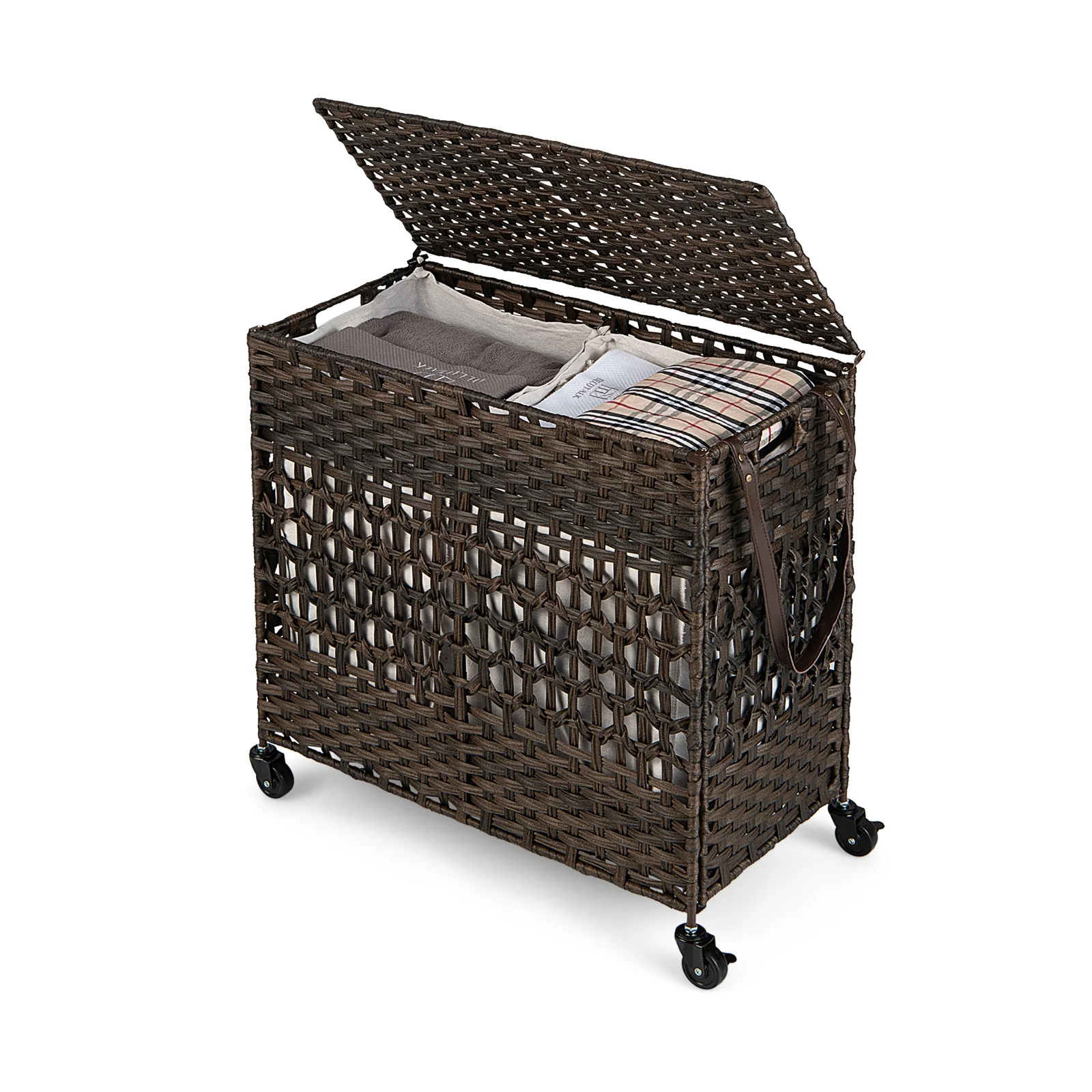 110L 2-Section Laundry Hamper, Removable Washable Liner Bags, Brown - Image 2
