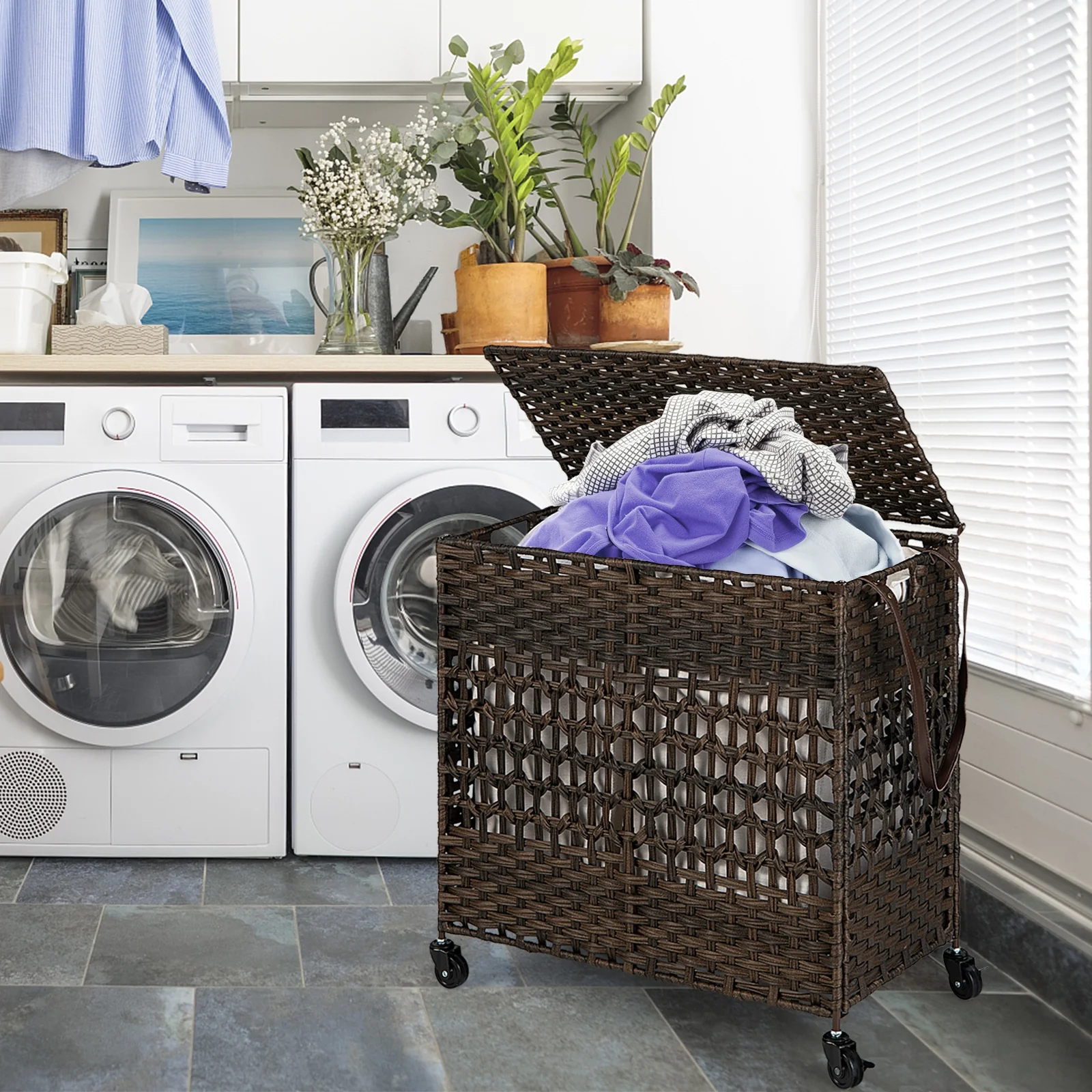 110L 2-Section Laundry Hamper, Removable Washable Liner Bags, Brown - Image 3