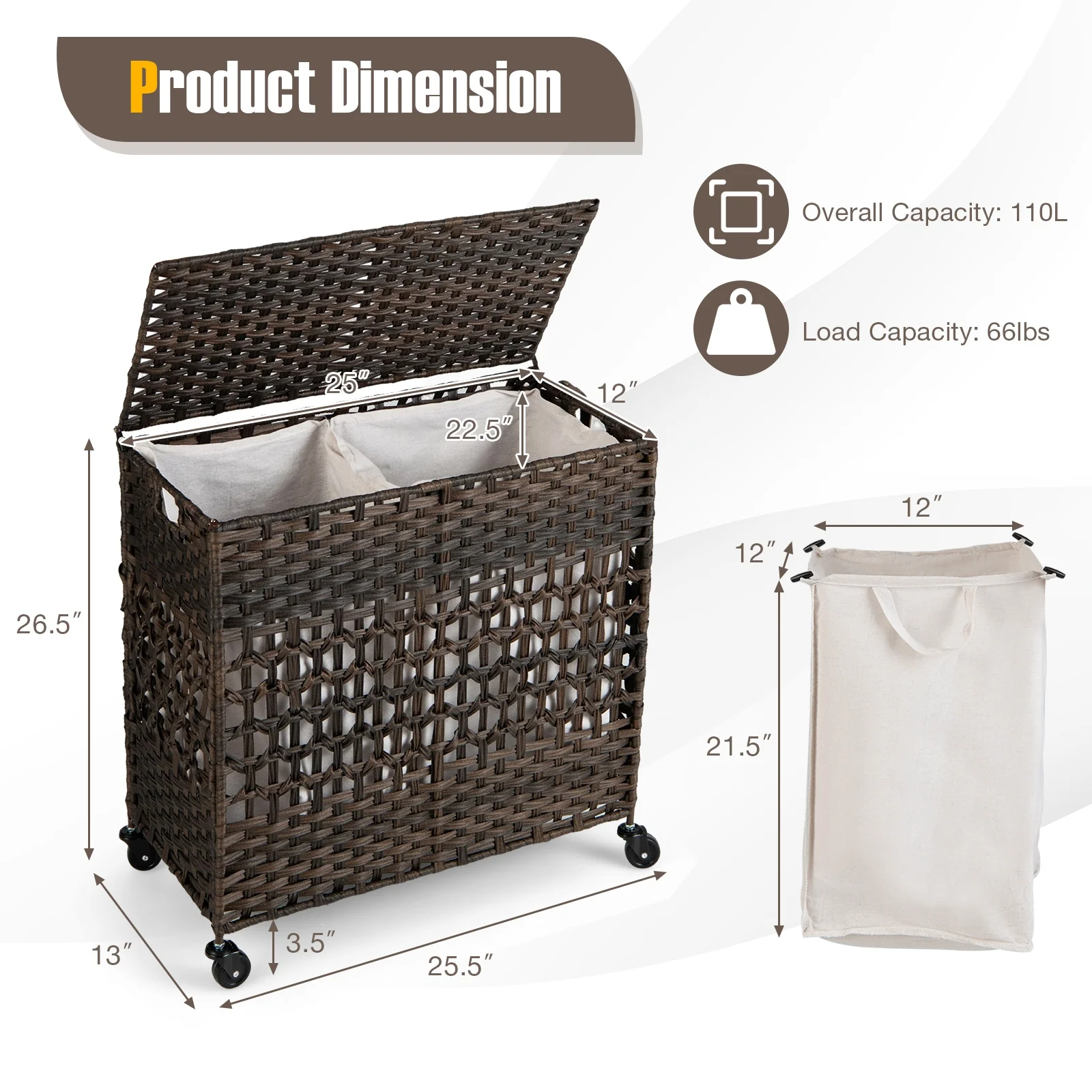 110L 2-Section Laundry Hamper, Removable Washable Liner Bags, Brown - Image 5
