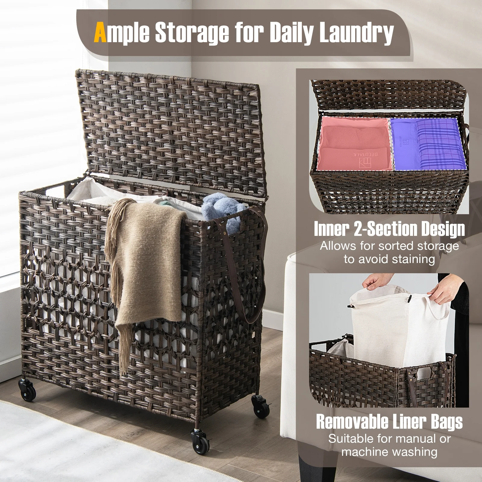 110L 2-Section Laundry Hamper, Removable Washable Liner Bags, Brown - Image 6