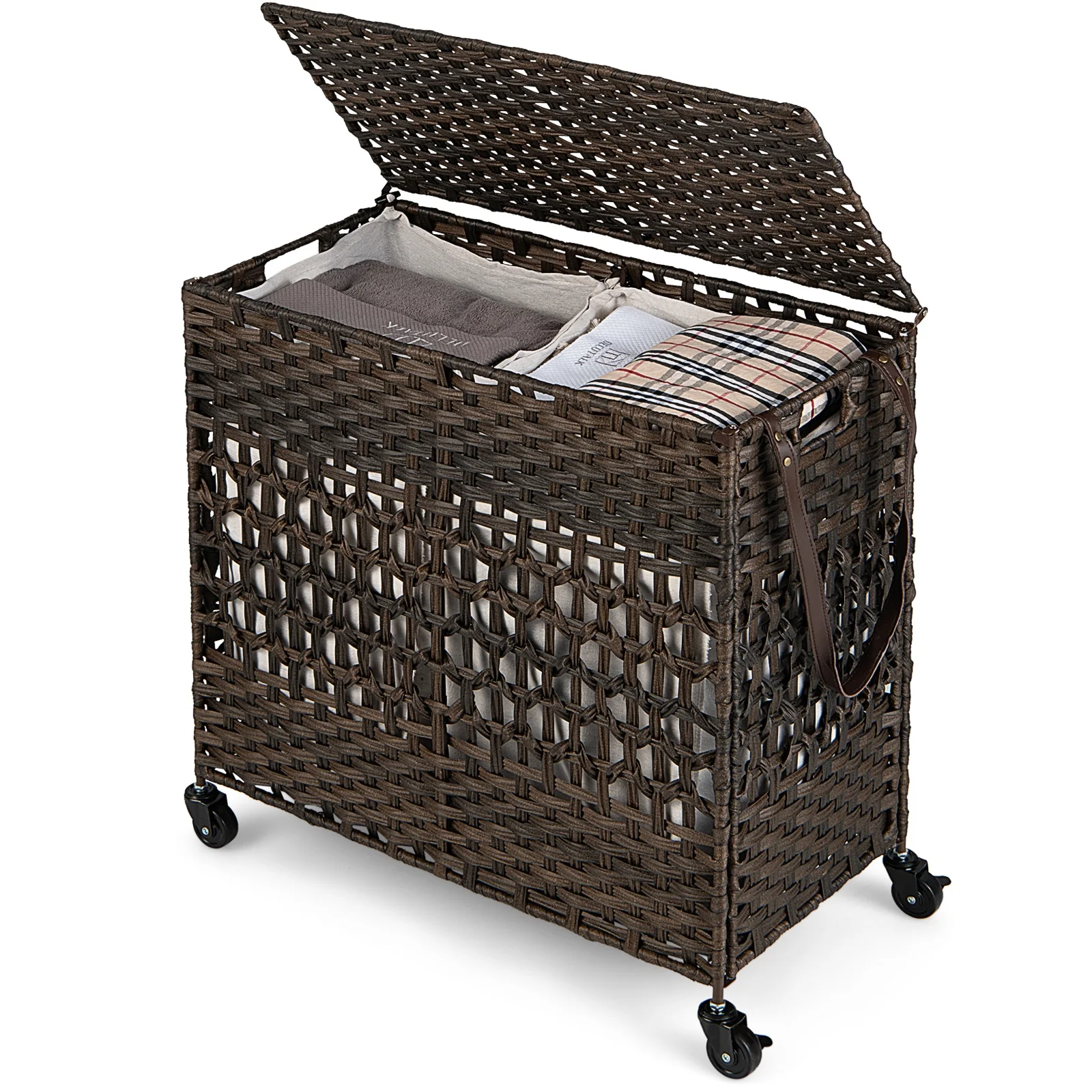 110L 2-Section Laundry Hamper, Removable Washable Liner Bags, Brown - Image 8