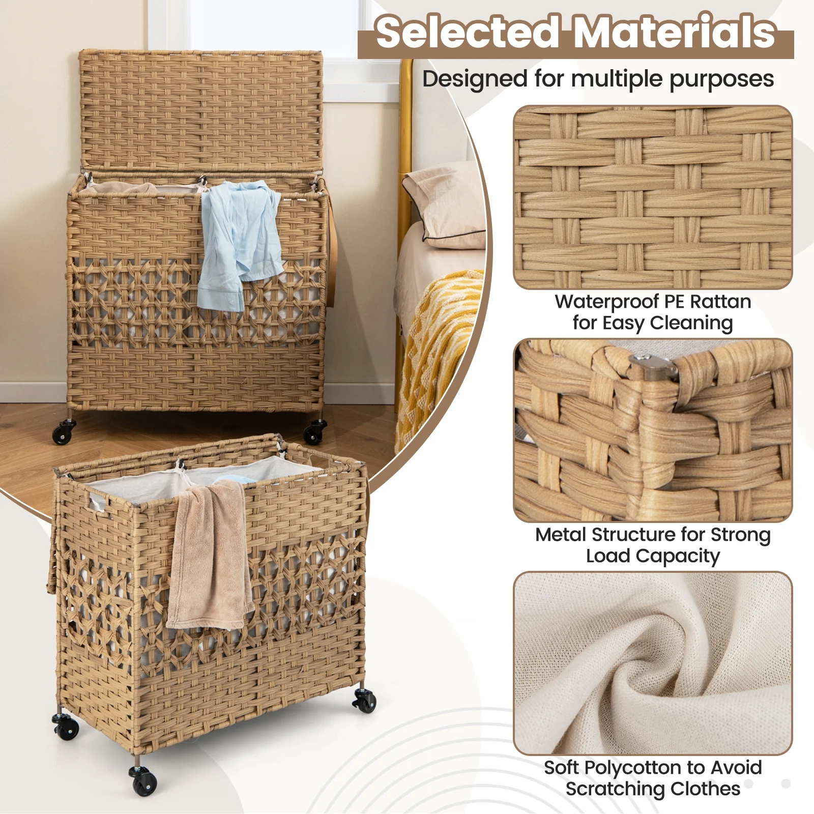 110L 2-Section Laundry Hamper, Removable Washable Liner Bags, Natural - Image 10