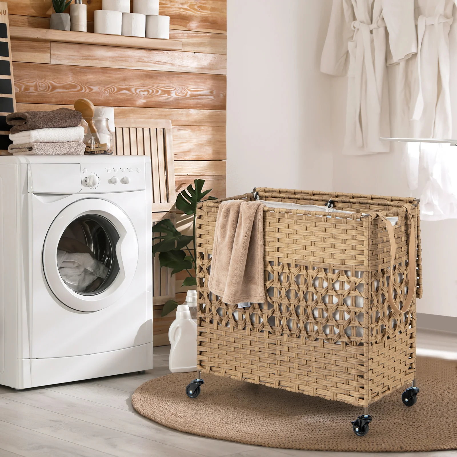 110L 2-Section Laundry Hamper, Removable Washable Liner Bags, Natural - Image 2