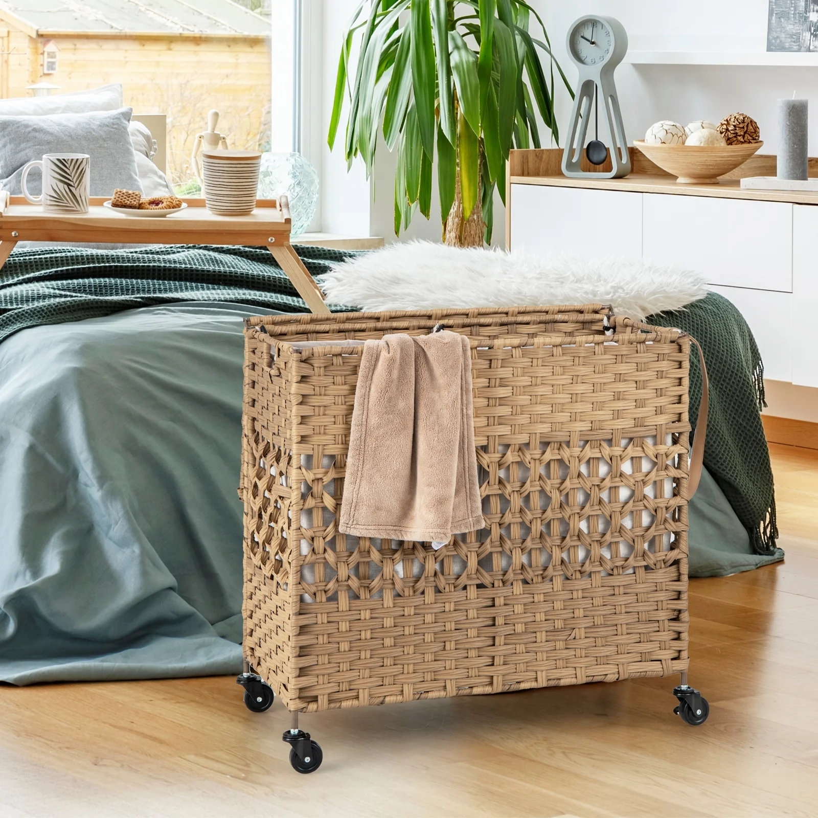 110L 2-Section Laundry Hamper, Removable Washable Liner Bags, Natural - Image 3