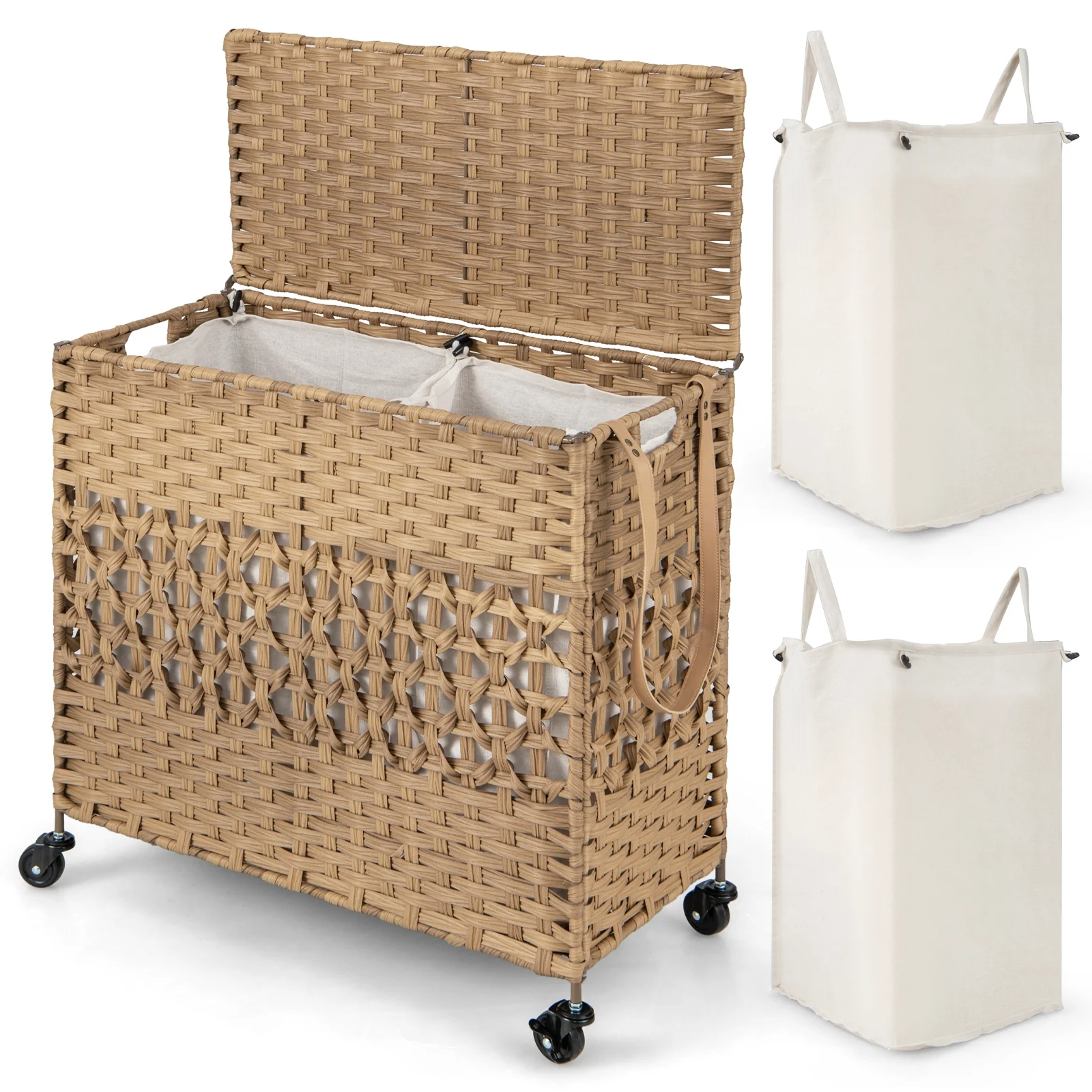 110L 2-Section Laundry Hamper, Removable Washable Liner Bags, Natural - Image 5