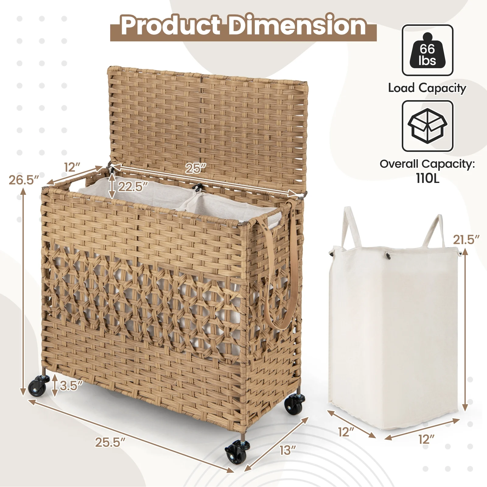 110L 2-Section Laundry Hamper, Removable Washable Liner Bags, Natural - Image 6