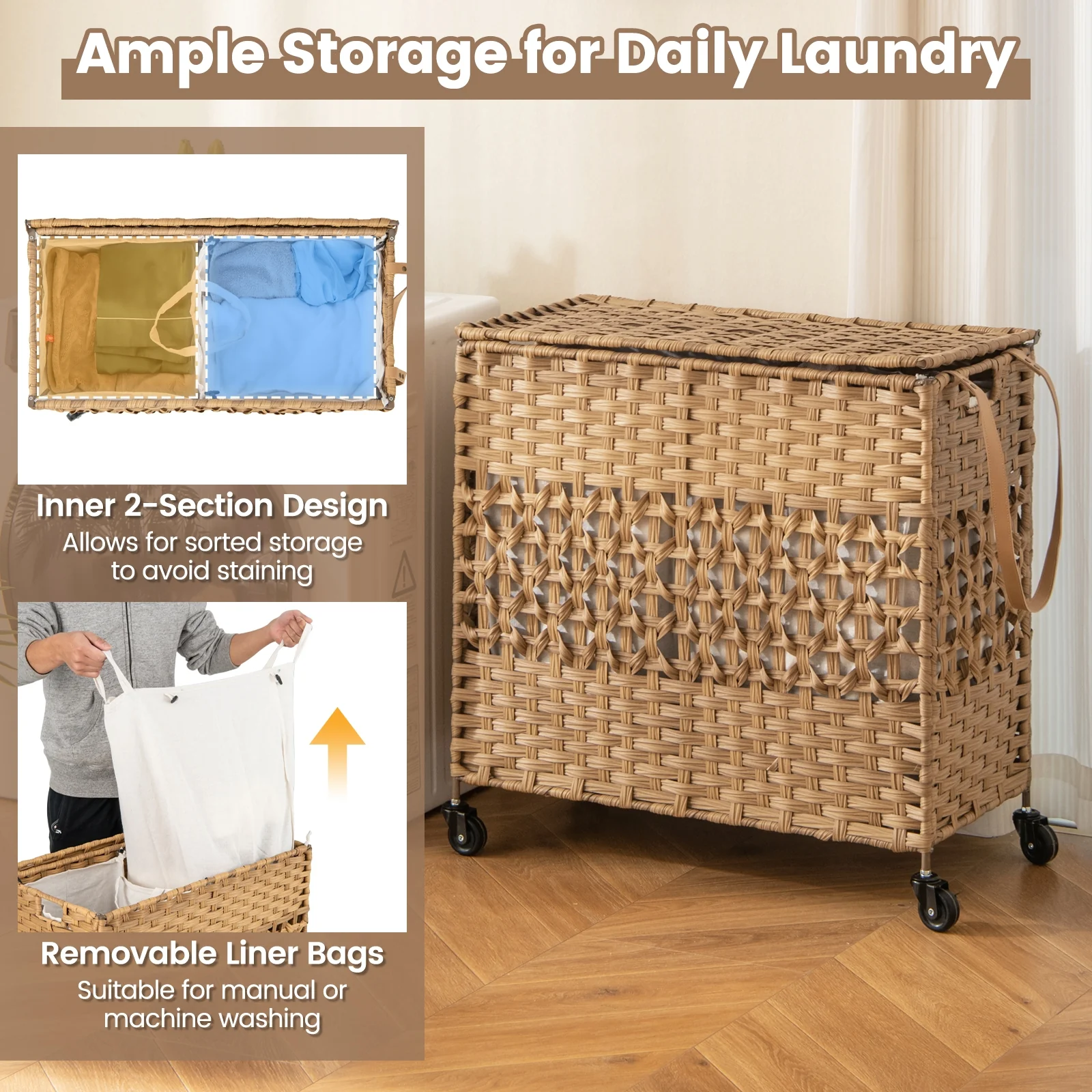 110L 2-Section Laundry Hamper, Removable Washable Liner Bags, Natural - Image 7