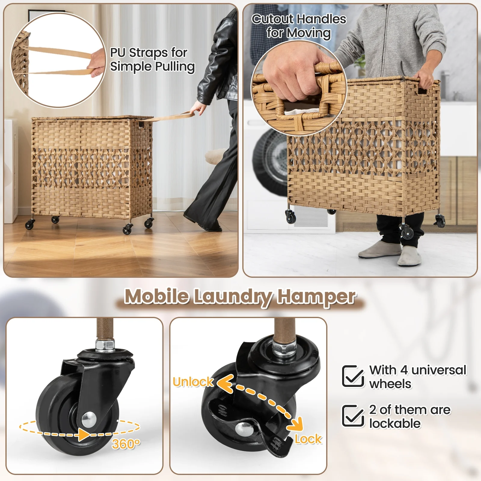 110L 2-Section Laundry Hamper, Removable Washable Liner Bags, Natural - Image 8
